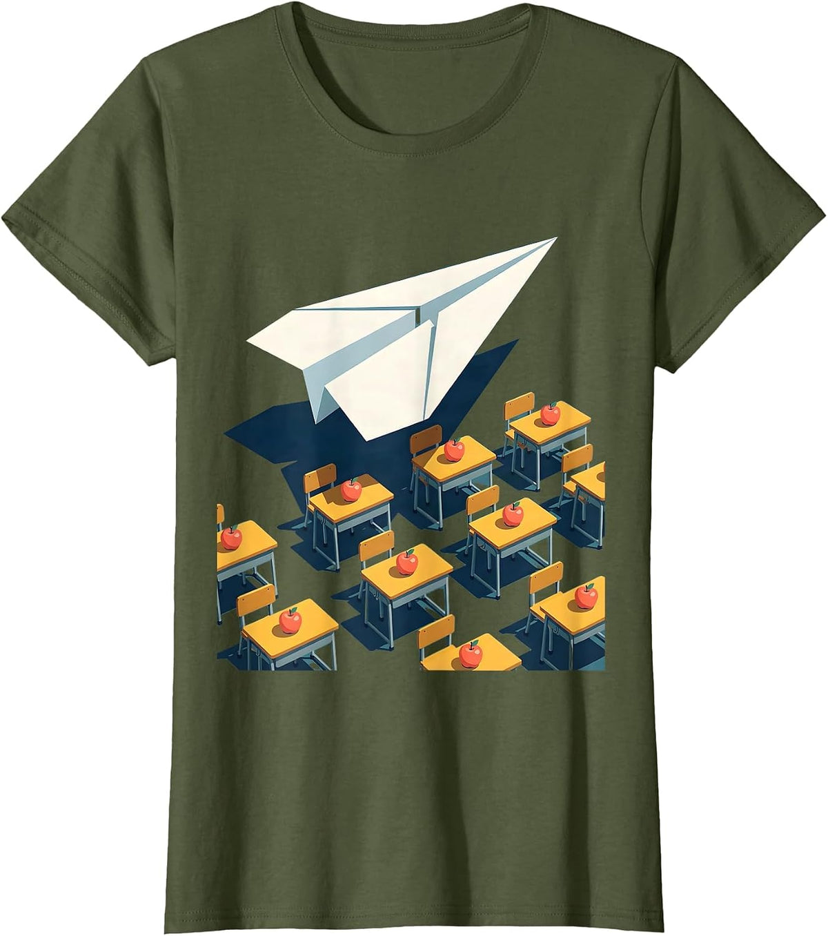 Women's First Grade Teacher Paper Airplane Classroom Art T-Shirt - Olive Green