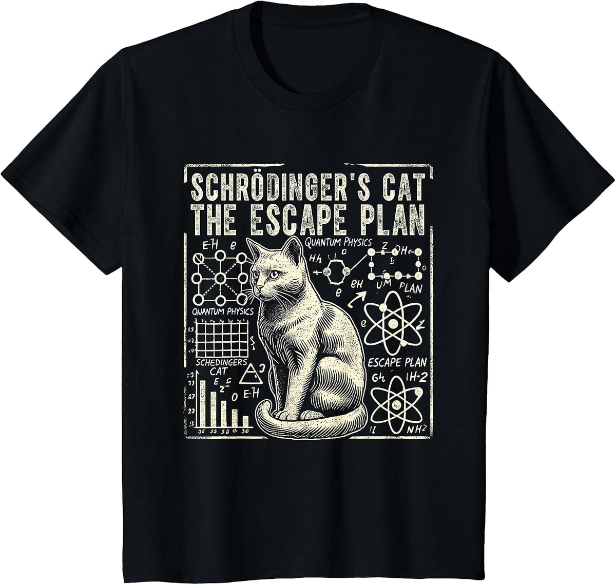 Schrodingers Cat Escape Plan, Funny Quantum Physics Science T-Shirt - Black