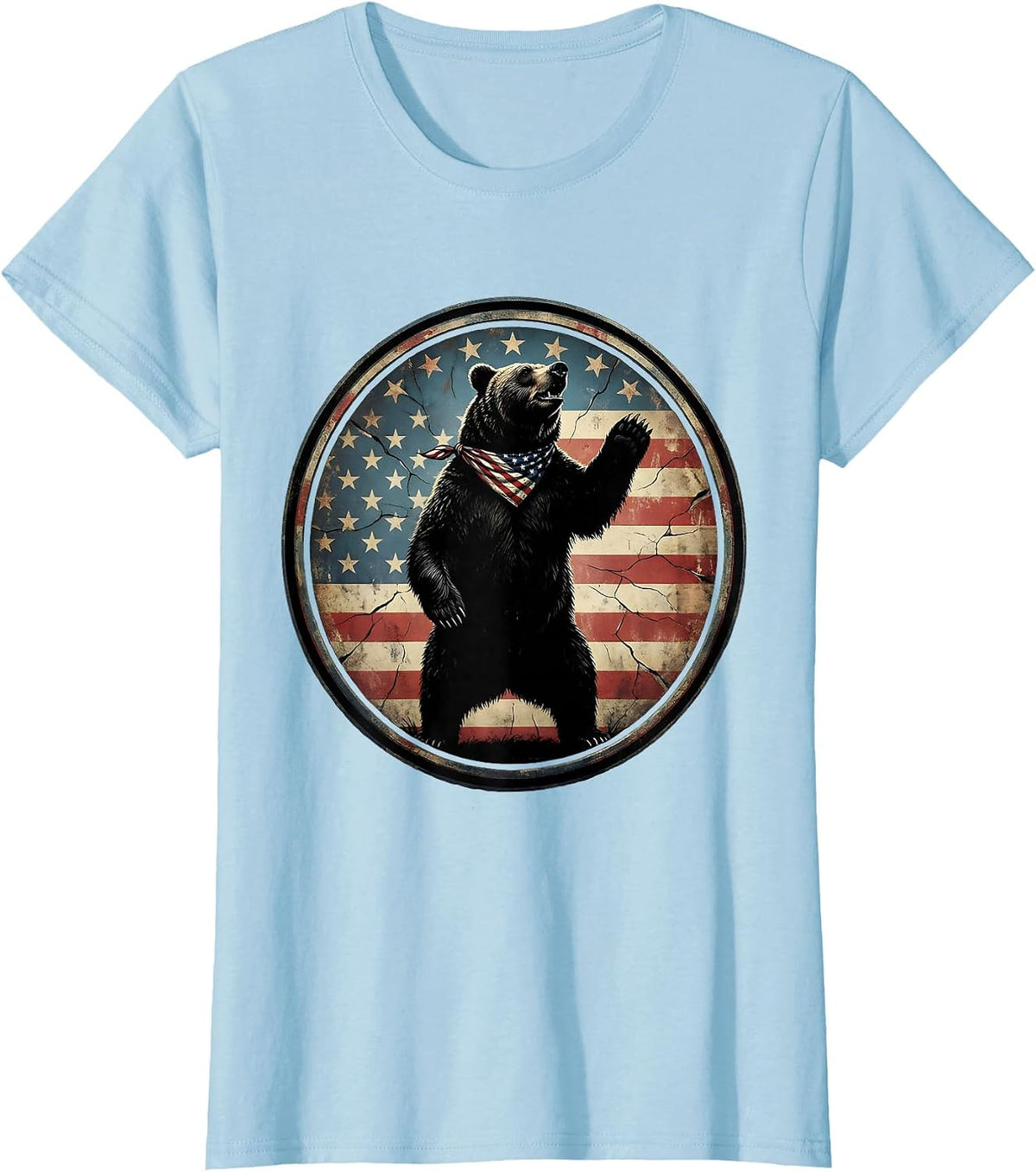 Patriotic Bear Stars and Stripes Bandana Design T-Shirt - Baby Blue
