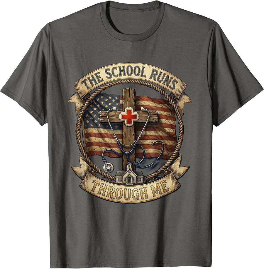 The School Runs Through Me School Nurse Design T-Shirt - Asphalt Grey