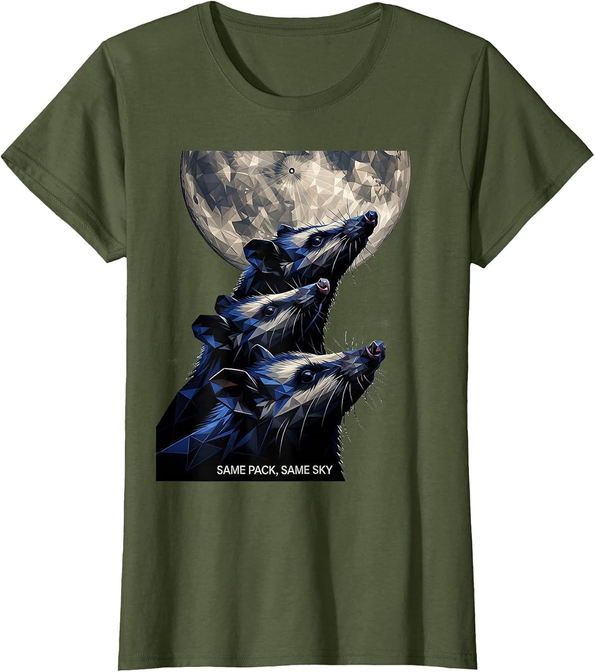 Women's Same Pack, Same Sky Geometric Opossum Wildlife Lover Meme T-Shirt - Olive Green