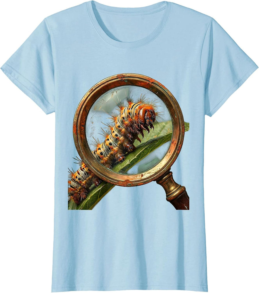 Women's First Grade Teacher Magnifying Glass Caterpillar T-Shirt - Baby Blue