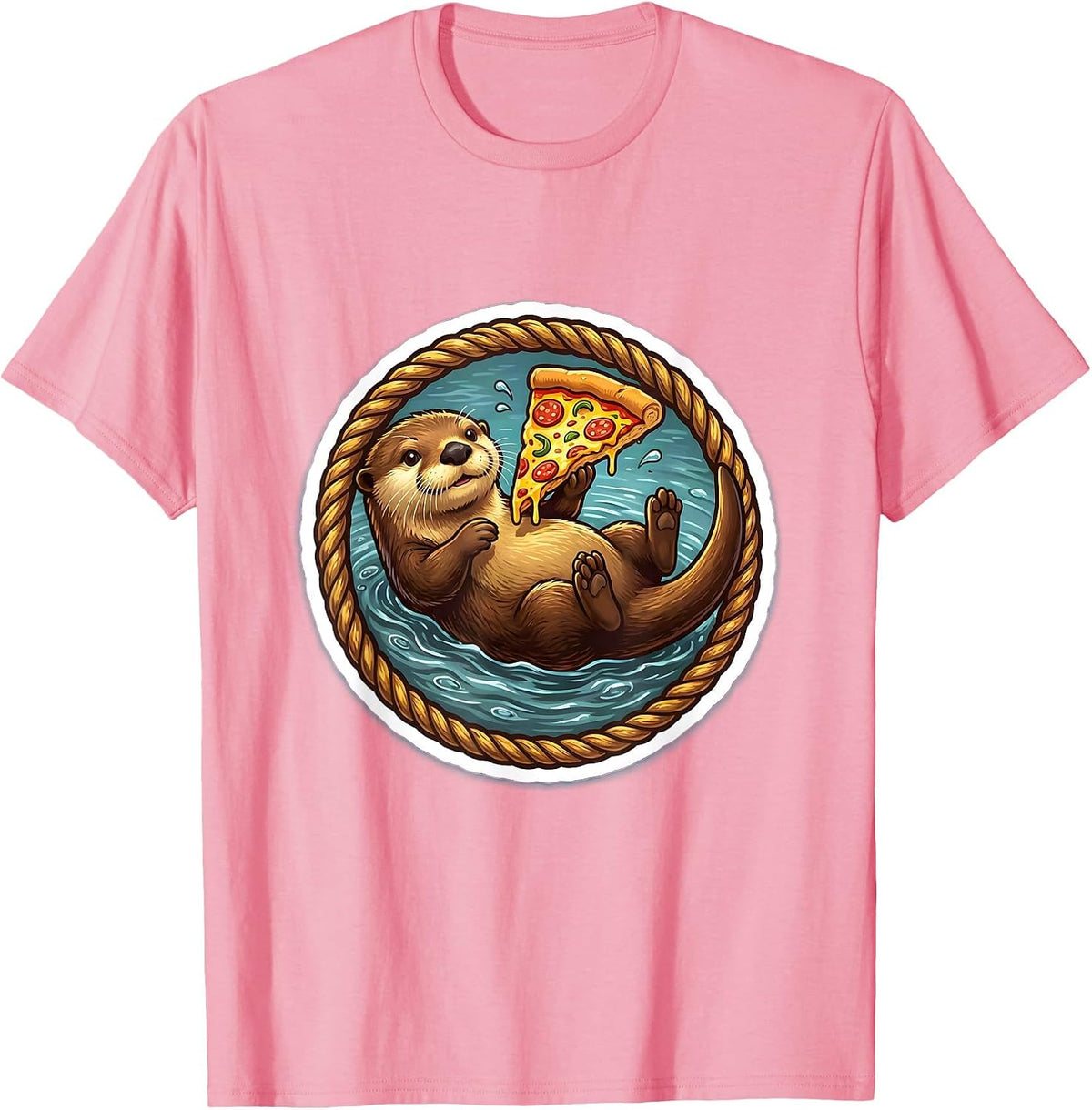 Otter Floating On Back Eating Pizza Graphic T-Shirt - Pink