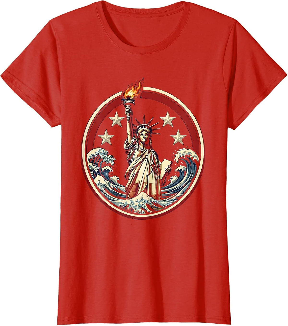 Red White and Blue Torch Bearer Ocean Waves T-Shirt - Red