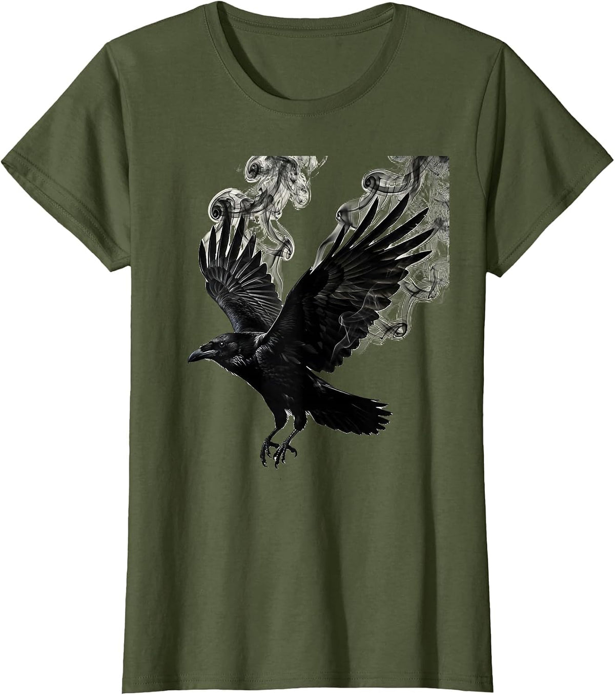 Women's Raven With Smoke Curling From Wings Art T-Shirt - Olive Green