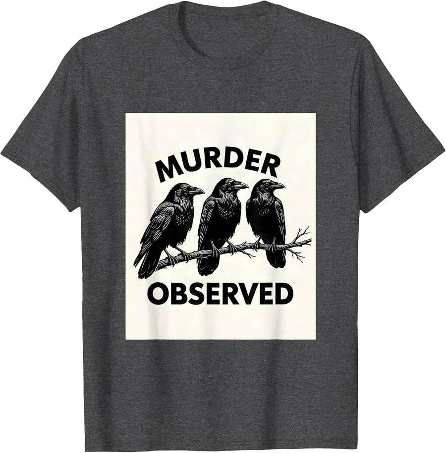 Men's Murder Observed Scratchboard Crow Dark Humor Bird Lover T-Shirt - Dark Heather Grey