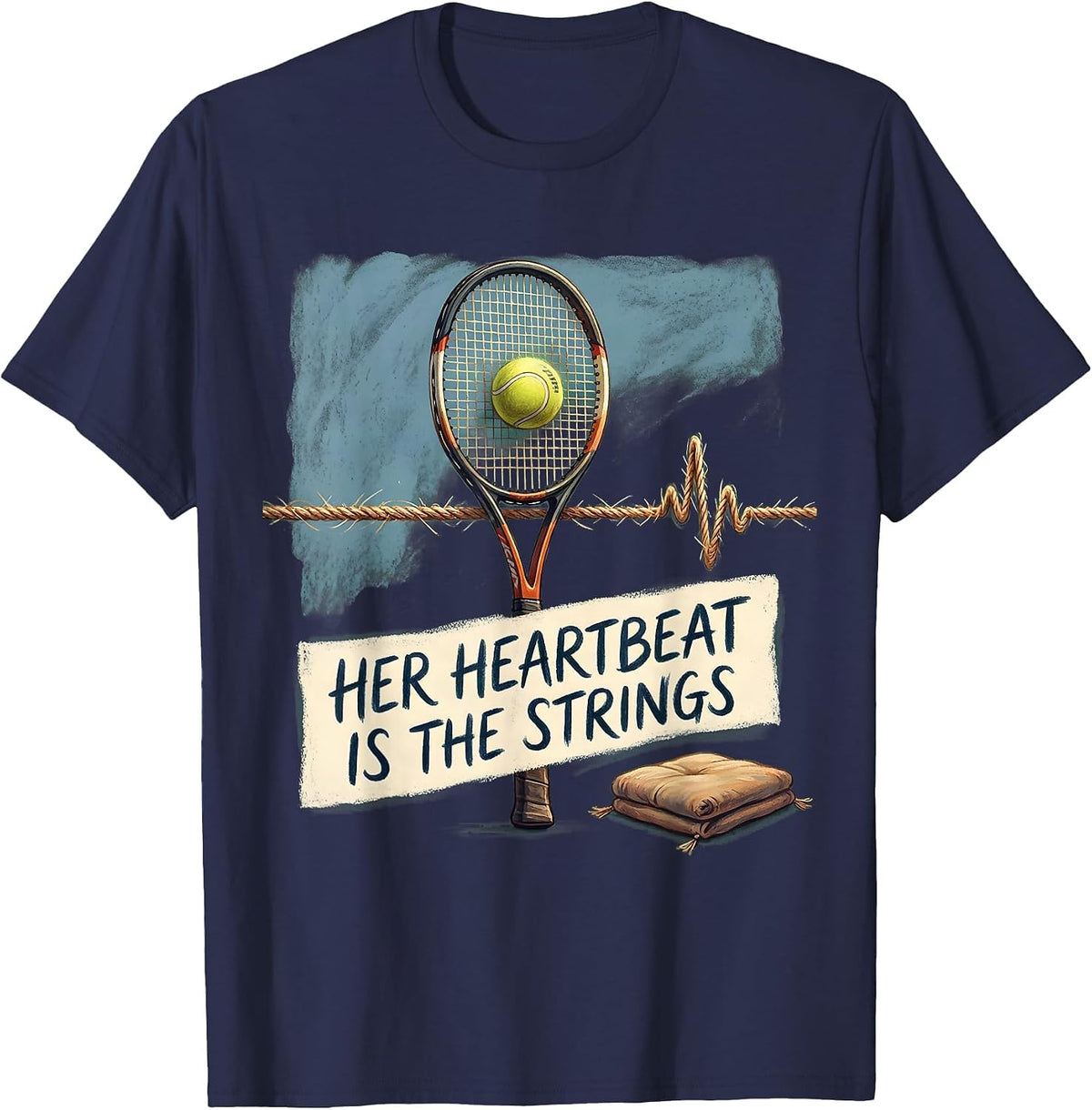 Men's Her Heartbeat Is The Strings Storybook Tennis Lover Gift T-Shirt - Navy Blue