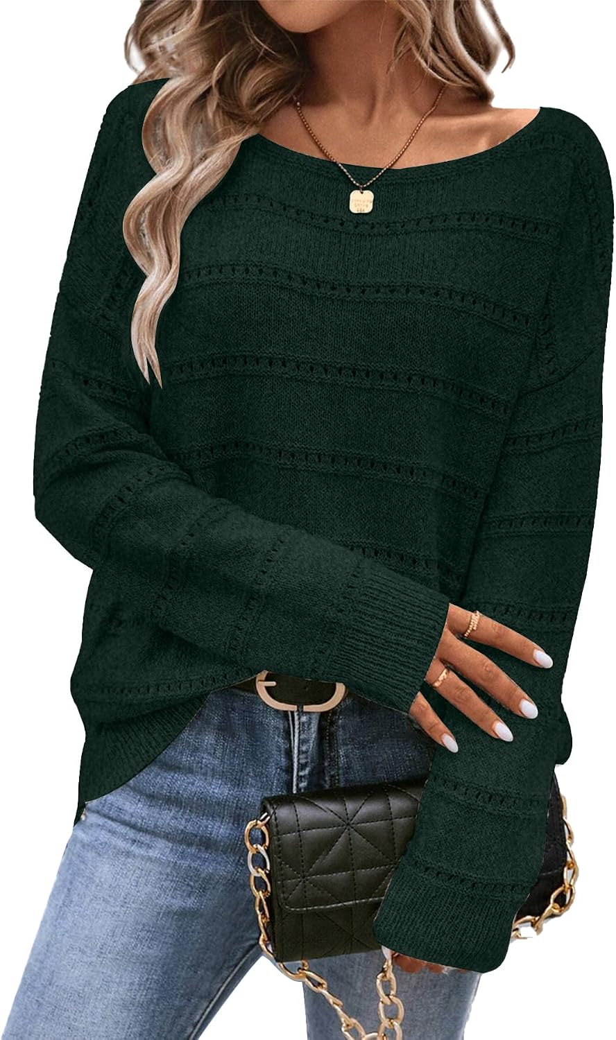 Women's Sweater Soft Boat Neck Long Sleeve Oversized Sweaters Crochet Pullover Knit Tops - Blackish Green