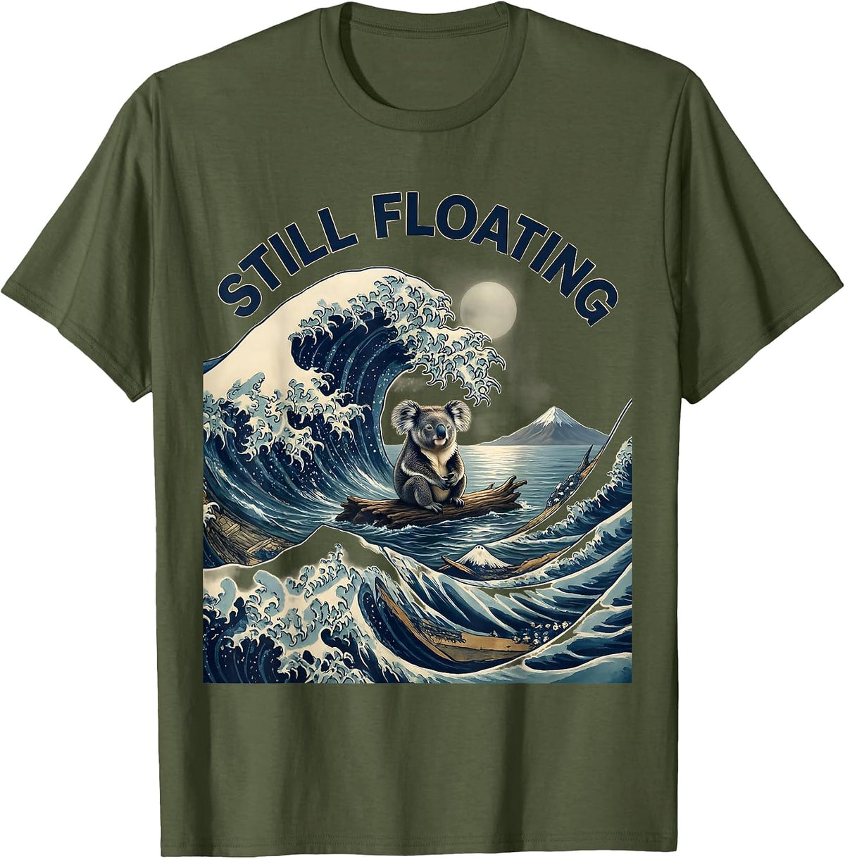 Still Floating Funny Koala Japanese Art Ukiyo-e Animal T-Shirt - Olive Green