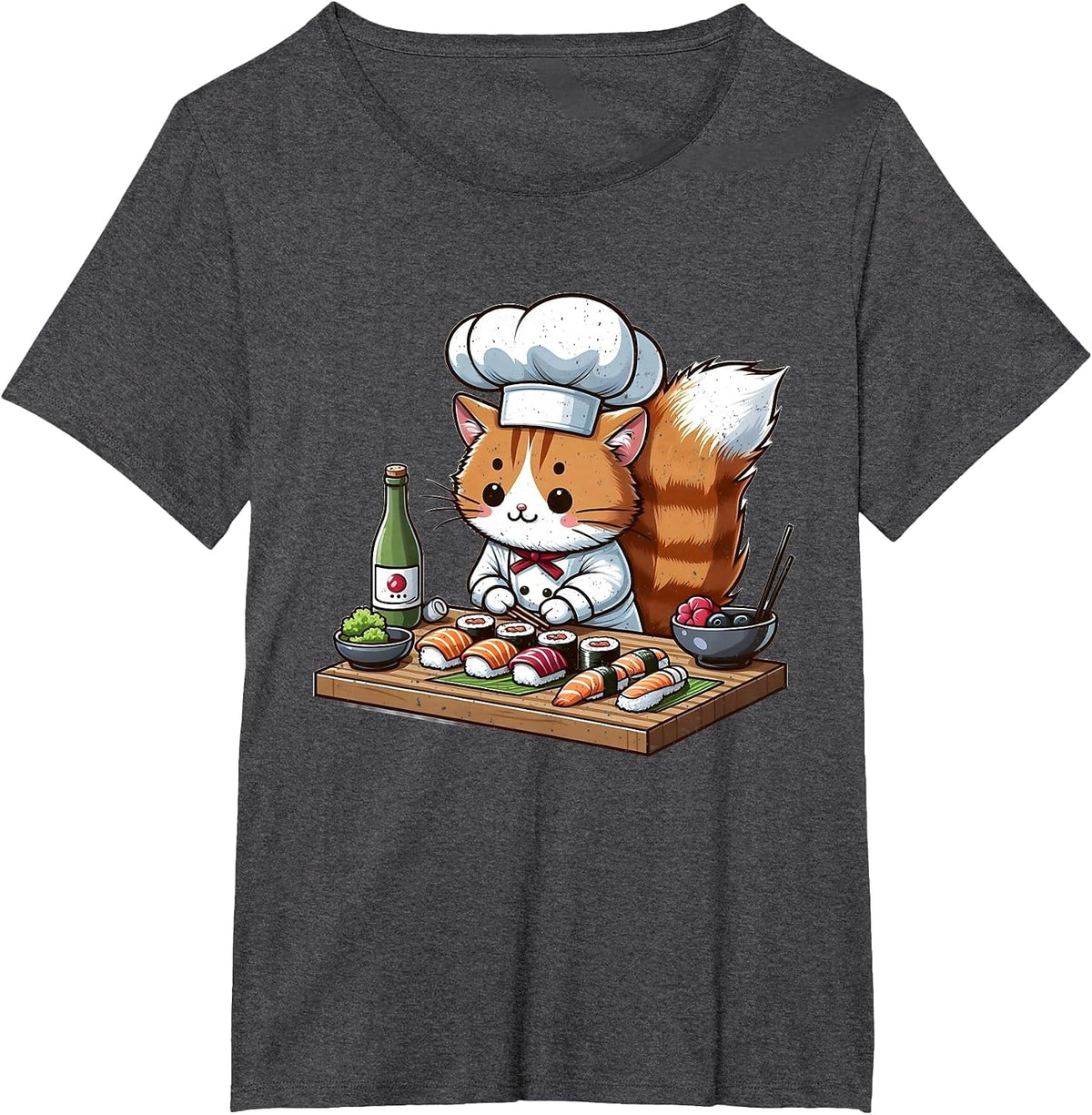 Cat Chef Making Sushi T-Shirt - Dark Heather Grey