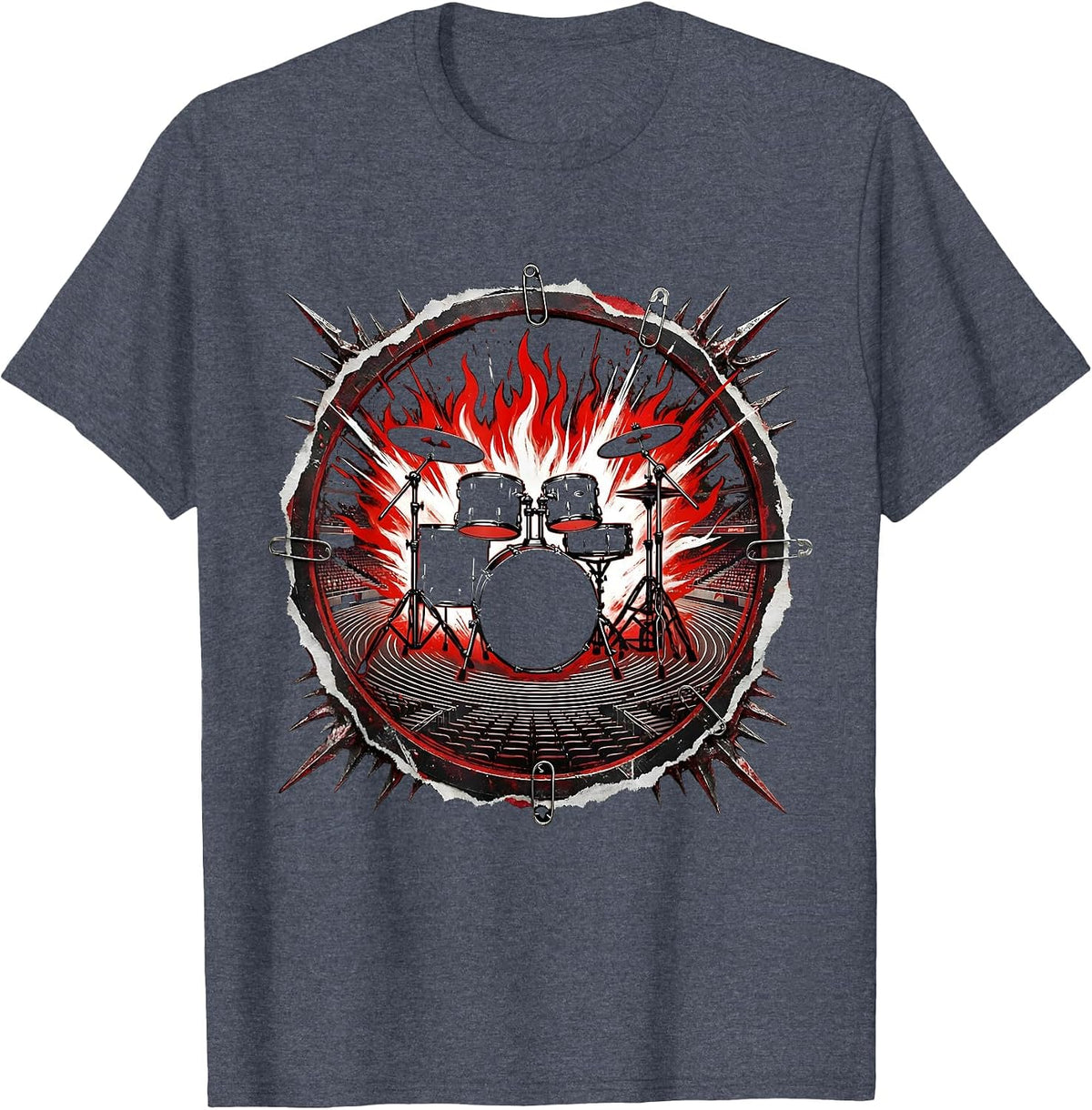 Flaming Drum Kit Empty Arena Rock Band Graphic T-Shirt - Heather Blue