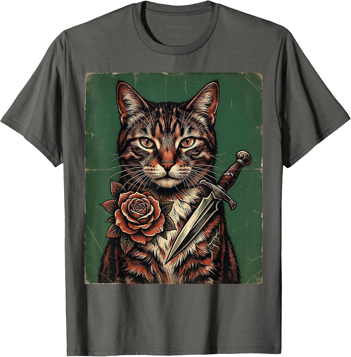 Tattooed Cat with Rose and Dagger Graphic T-Shirt - Asphalt Grey