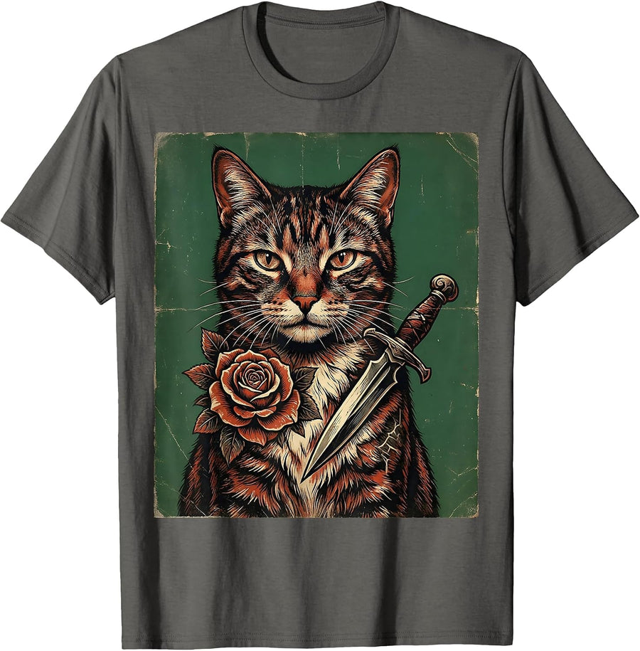 Tattooed Cat with Rose and Dagger Graphic T-Shirt - Asphalt Grey