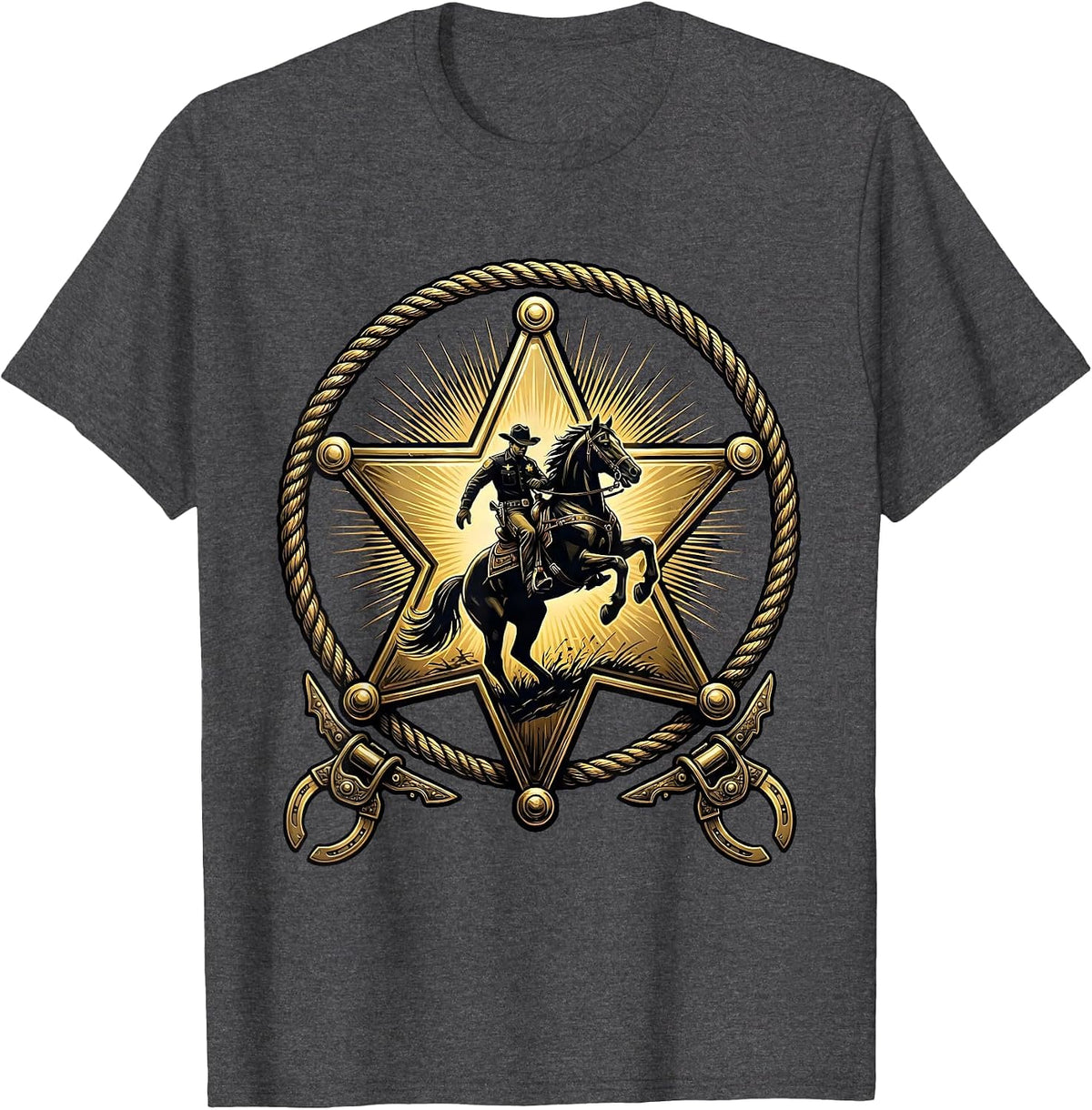 Men's Lone Sheriff Riding Horse at Sunset Western T-Shirt - Dark Heather Grey