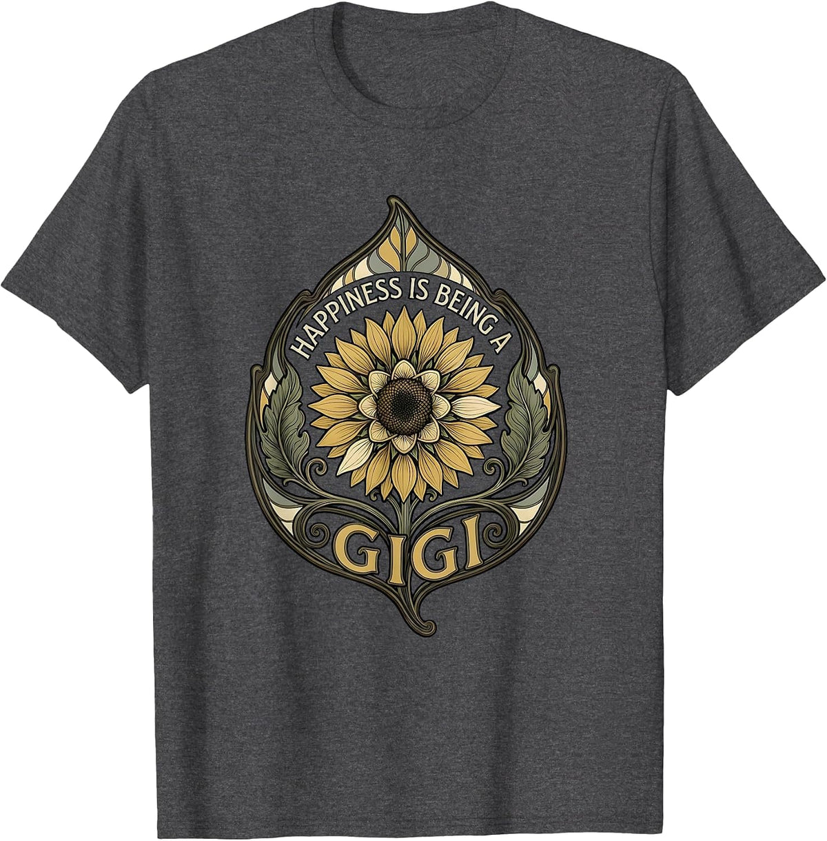 Happiness Is Being A Gigi Art Nouveau Sunflower Grandma T-Shirt - Dark Heather Grey