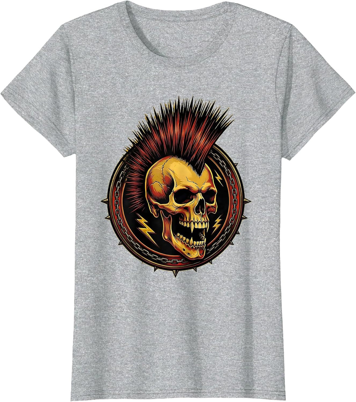 Punk Skull Mohawk Graphic Design T-Shirt - Heather Grey