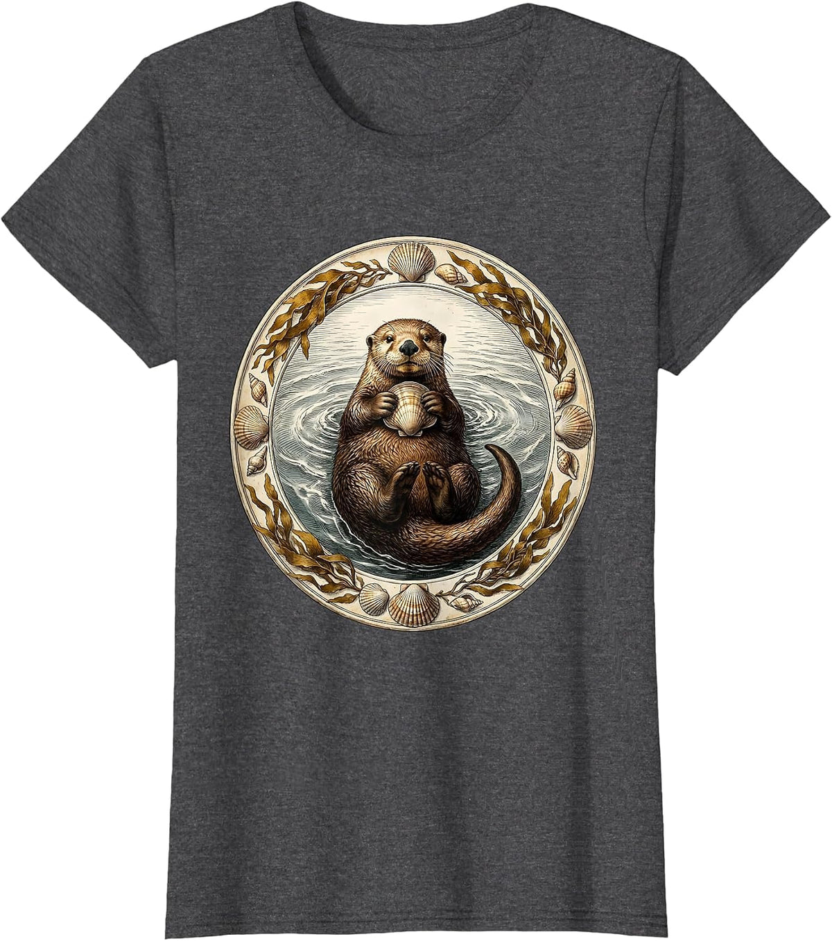Women's Sea Otter Floating With Clam Illustration T-Shirt - Dark Heather Grey