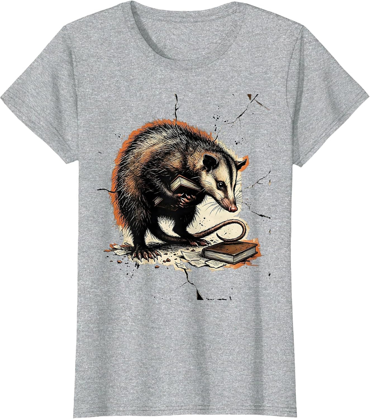 Sneaky Opossum Book Thief Unhinged Meme Humor T-Shirt - Heather Grey