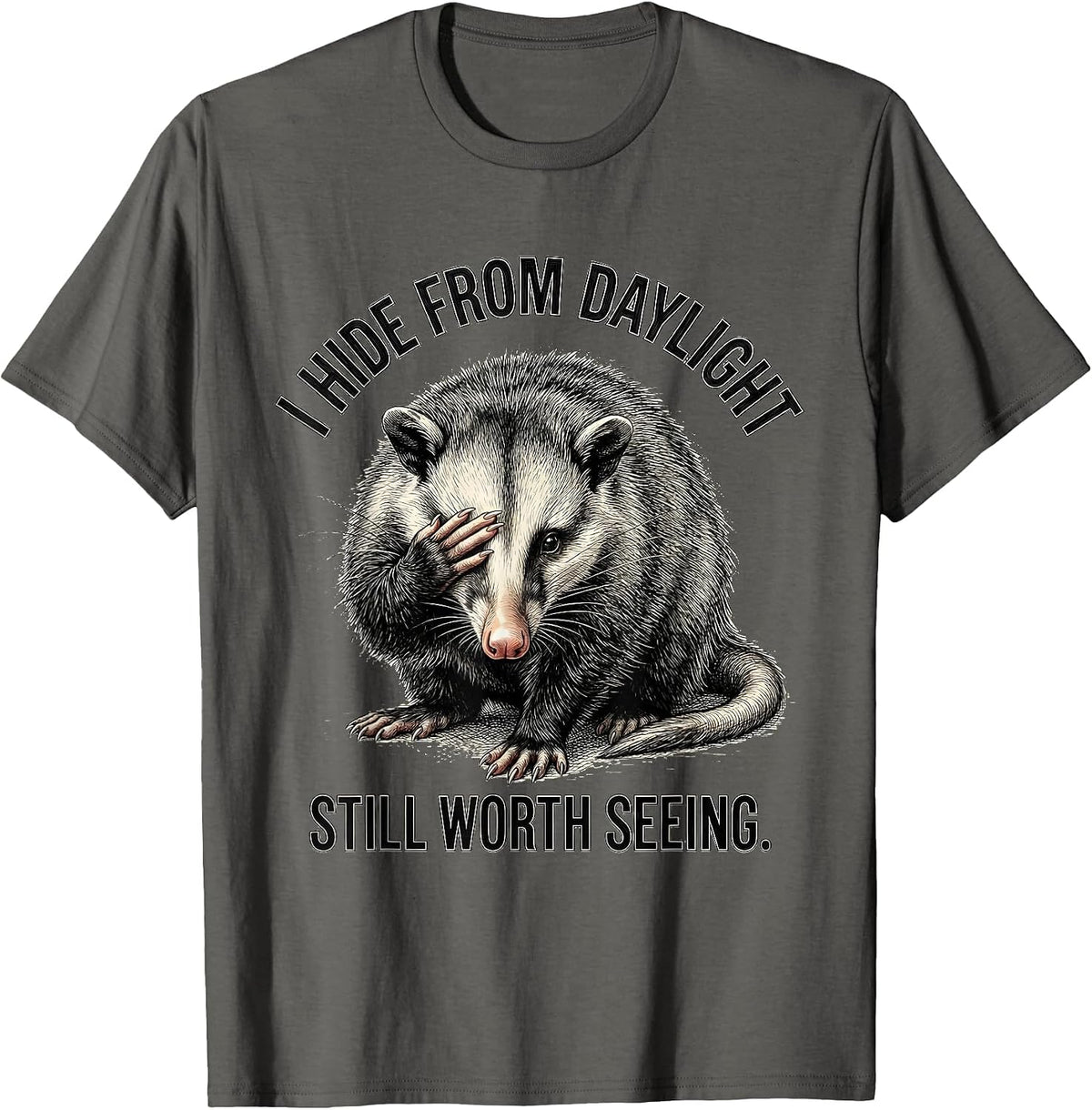 I Hide From Daylight, Still Worth Seeing Funny Opossum Meme T-Shirt - Asphalt Grey