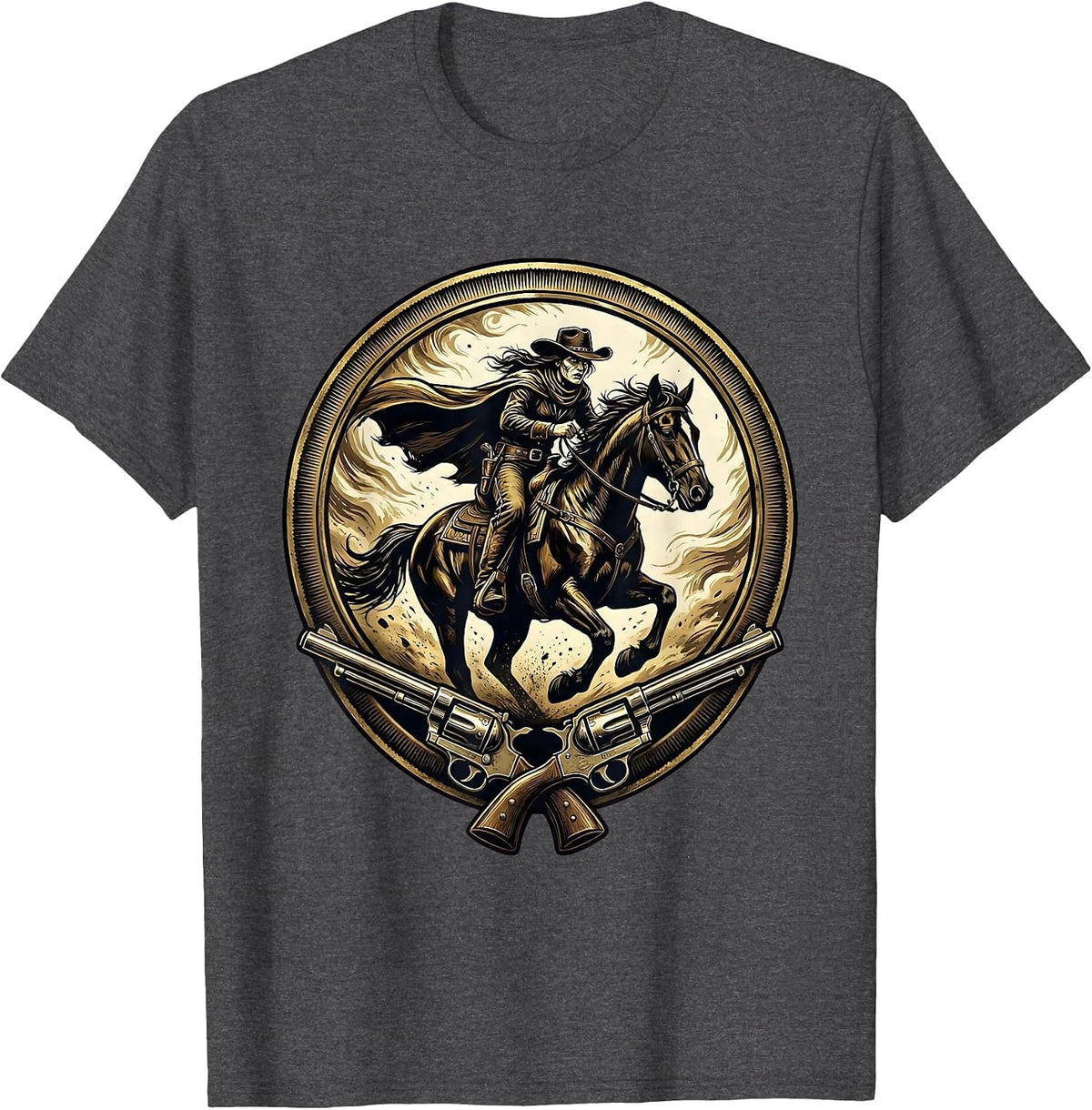 Female Outlaw Riding Horse Through Dust Storm T-Shirt - Dark Heather Grey