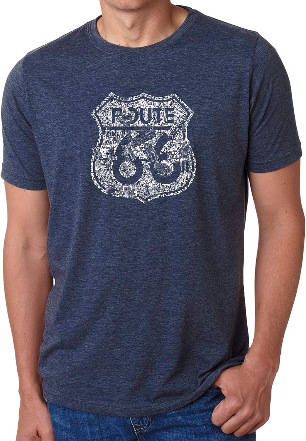 LA POP ART Men's Premium Blend Word Art T-Shirt - Stops Along Route 66 - Navy