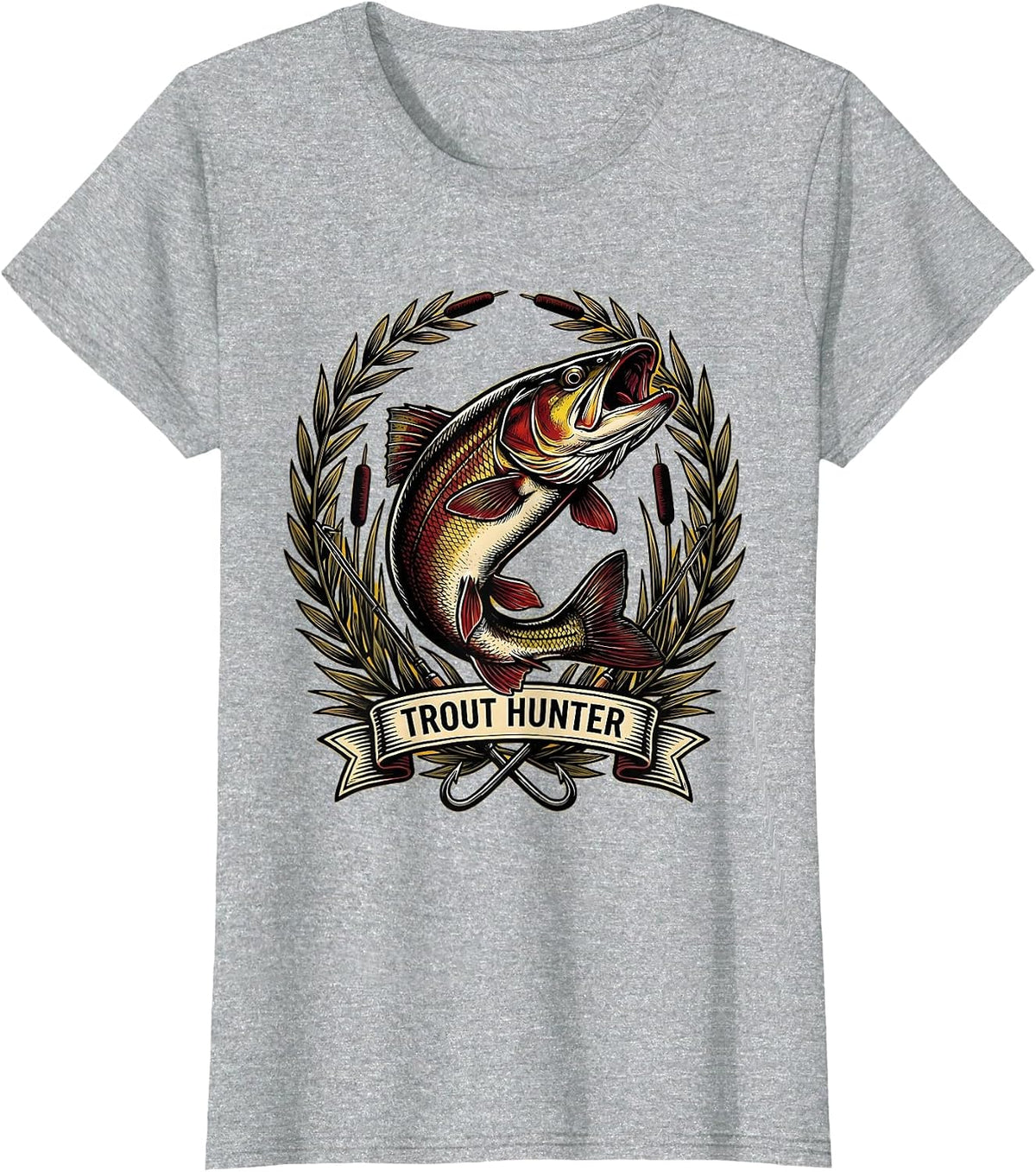 Trout Hunter Fishing Graphic Design T-Shirt - Heather Grey