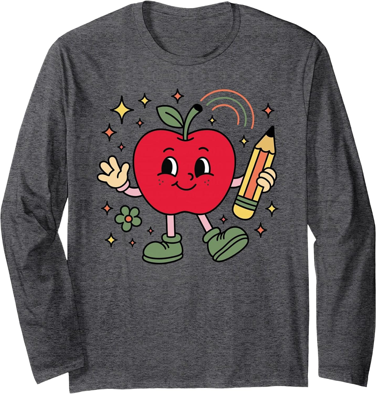 Retro School Apple with Face and Teacher’s Pencil Long Sleeve T-Shirt - Adult Unisex Dark Heather Grey