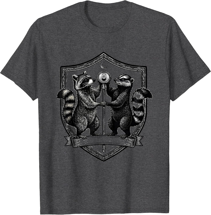 Men's Heraldic Raccoon Opossum Occult Humor T-Shirt - Dark Heather Grey