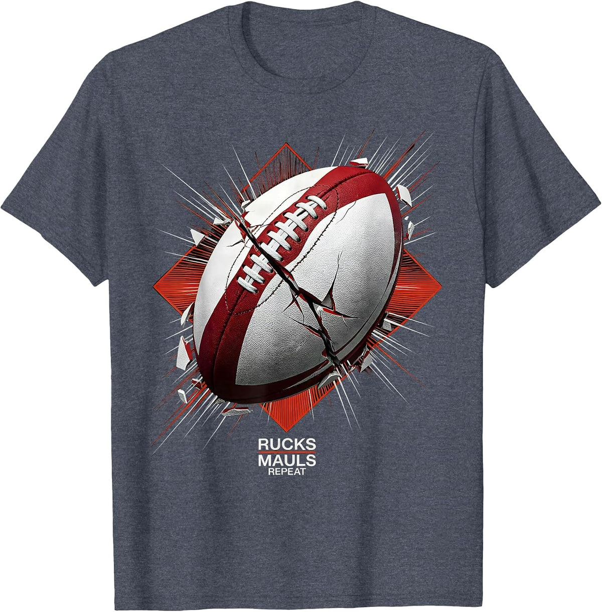 Rucks Mauls Repeat Rugby Graphic Design T-Shirt - Heather Blue