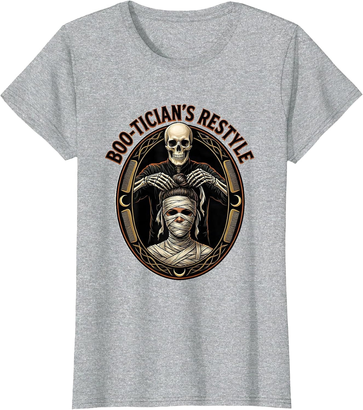 Boo-tician's Restyle Funny Skeleton Hairstylist Halloween T-Shirt - Heather Grey