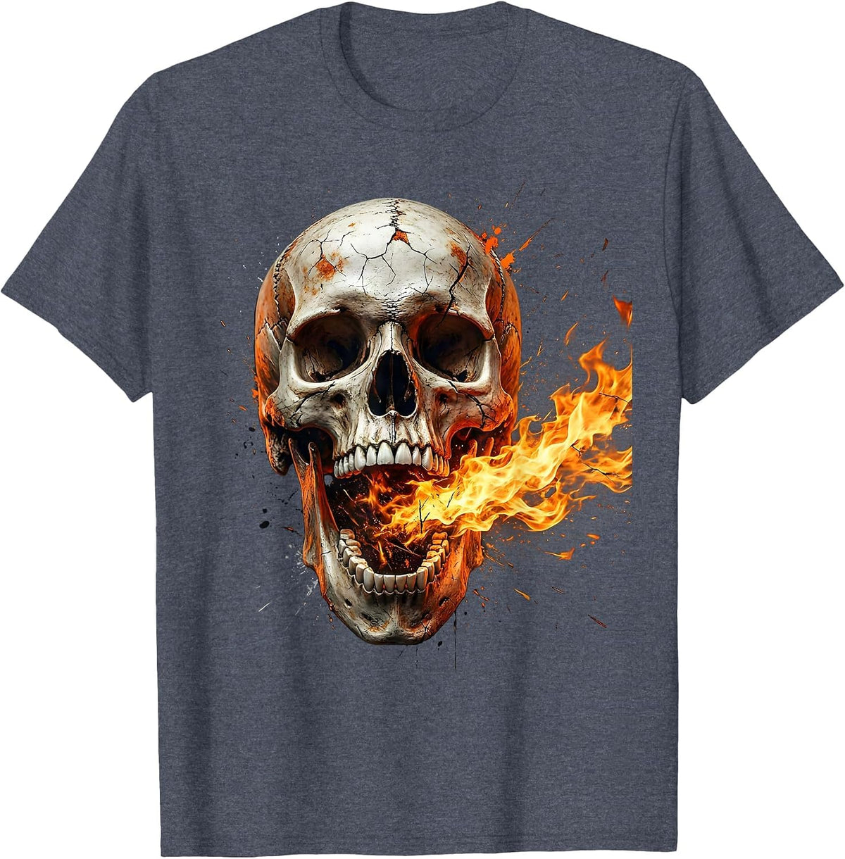 Skull Roaring Fire Unhinged Jaw Graphic Design T-Shirt - Heather Blue