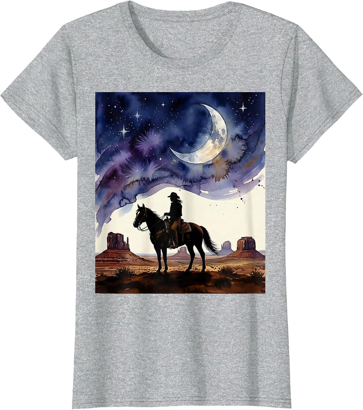 Lone Cowboy Riding Under a Star-Filled Sky T-Shirt - Heather Grey
