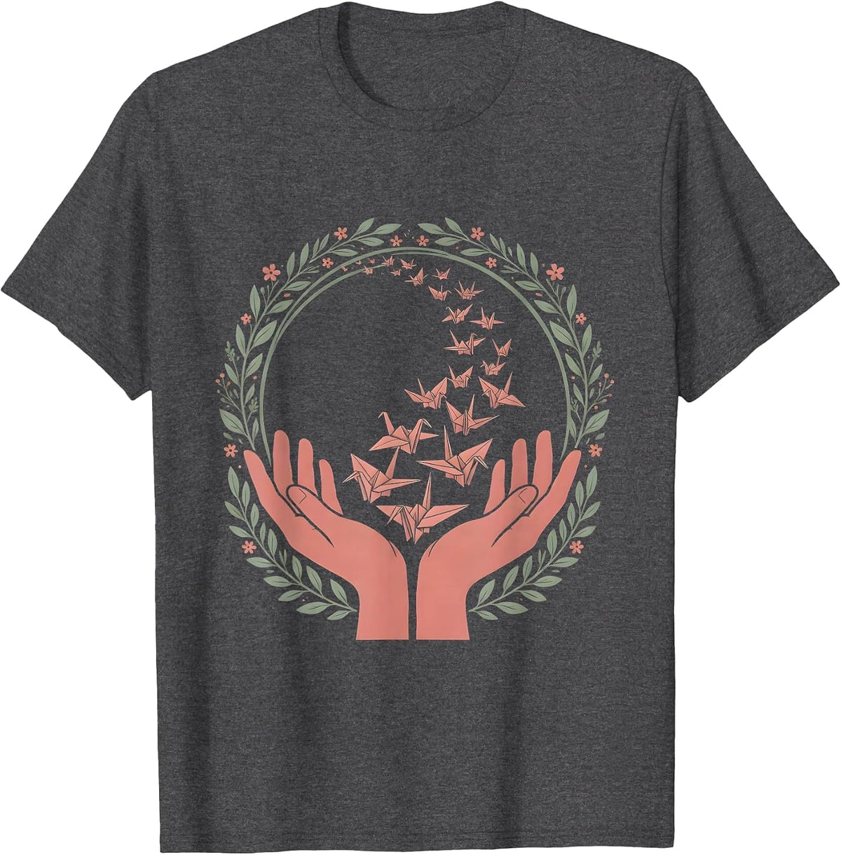 Hands Releasing Paper Cranes Into Open Sky T-Shirt - Dark Heather Grey