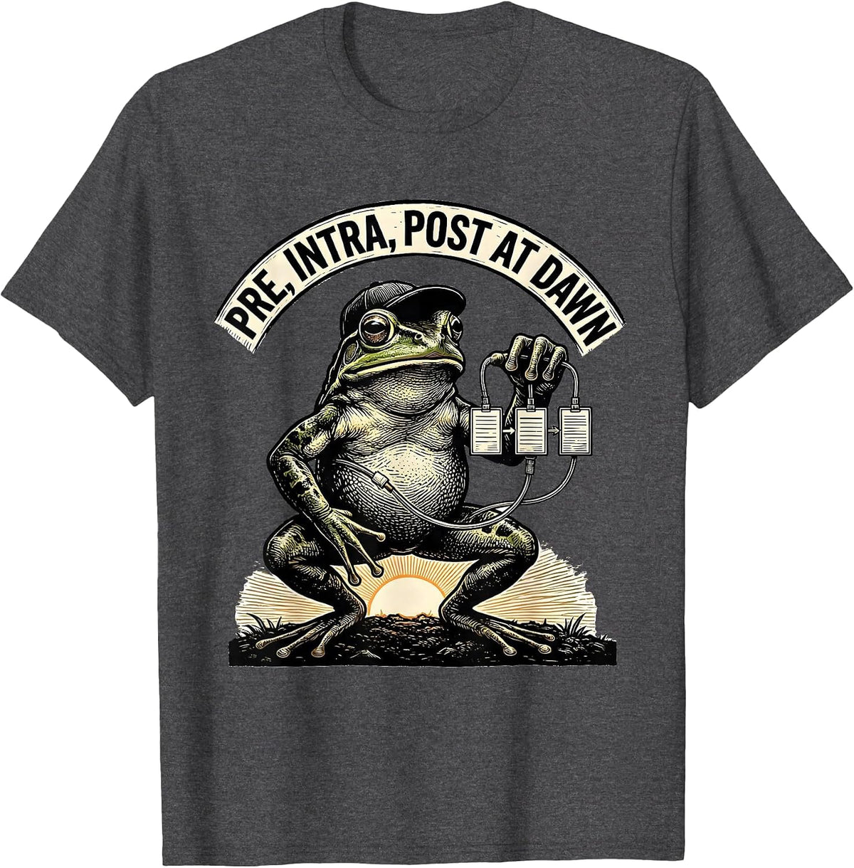 Men's Pre Intra Post At Dawn Funny Frog Teacher Back to School T-Shirt - Dark Heather Grey