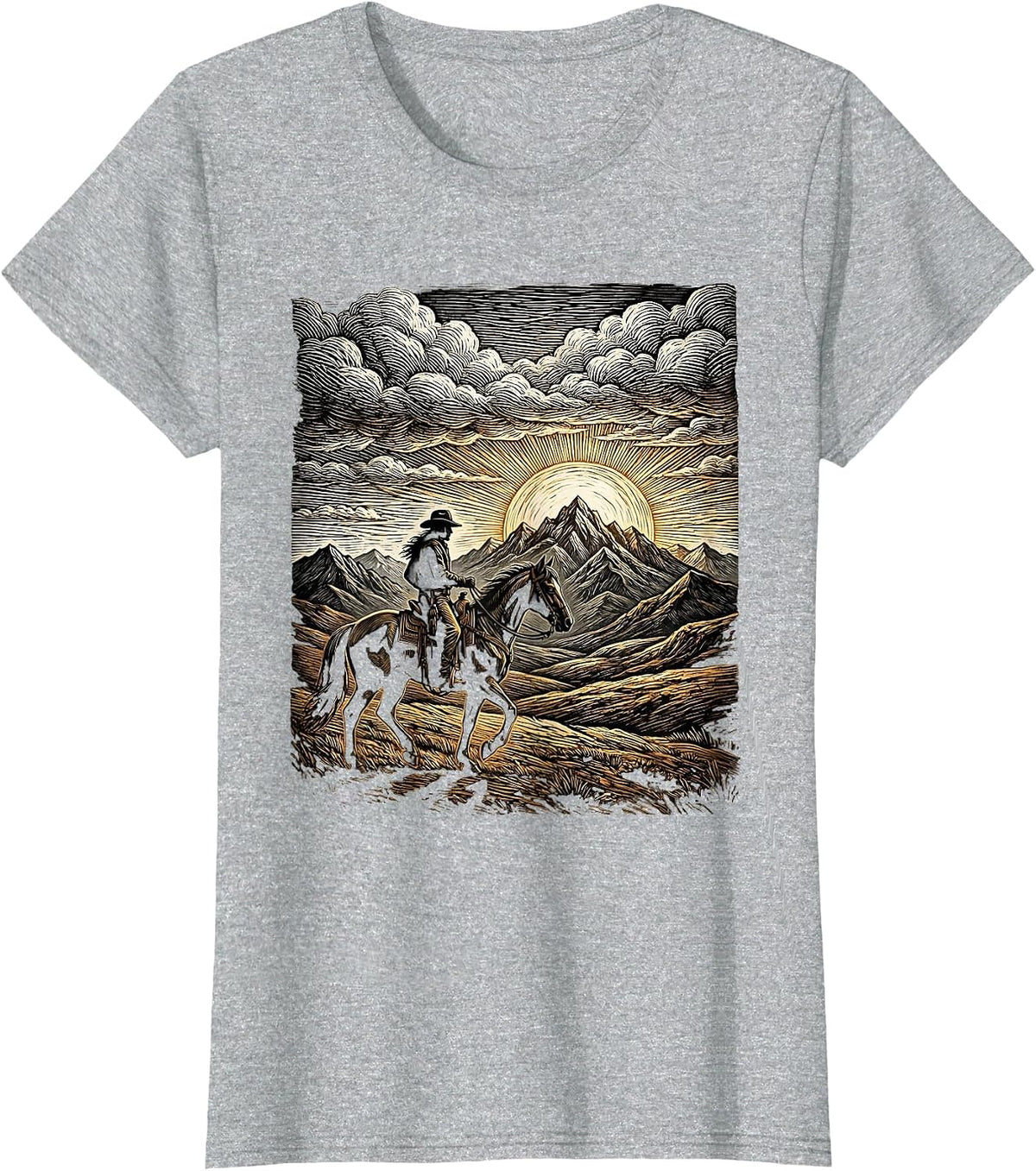 Cowboy Silhouette Riding Toward Mountain Horizon T-Shirt - Heather Grey