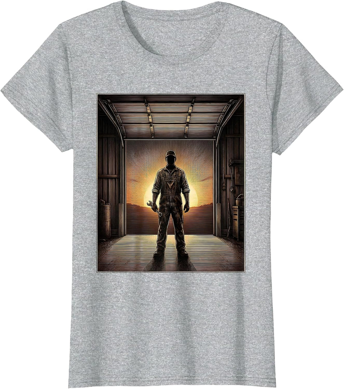 Mechanic Silhouette Garage Sunset Graphic T-Shirt - Heather Grey