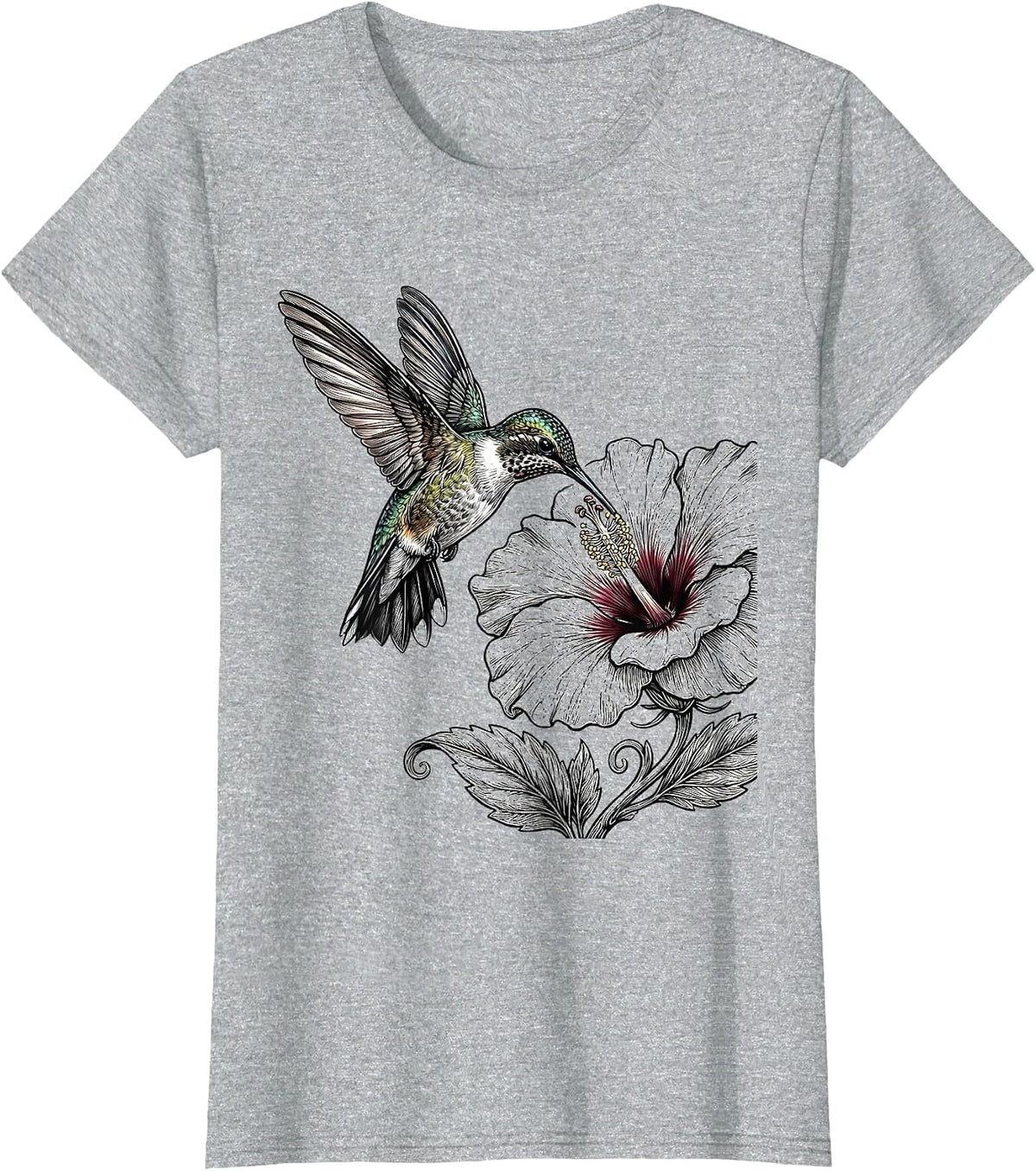 Hummingbird and Blooming Flower Illustration T-Shirt - Heather Grey