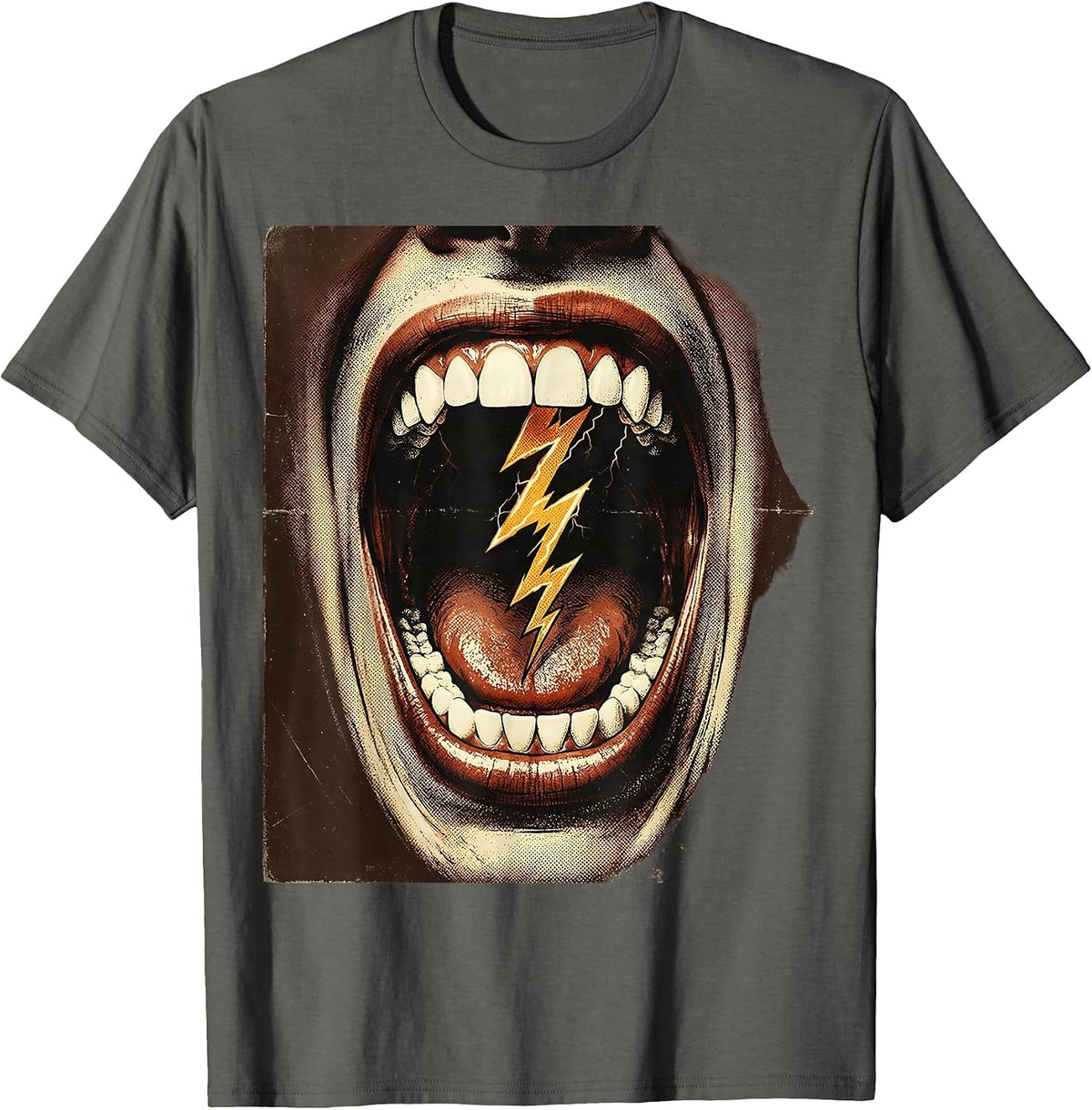 Rock Lightning Screaming Mouth Graphic Tee T-Shirt - Asphalt Grey