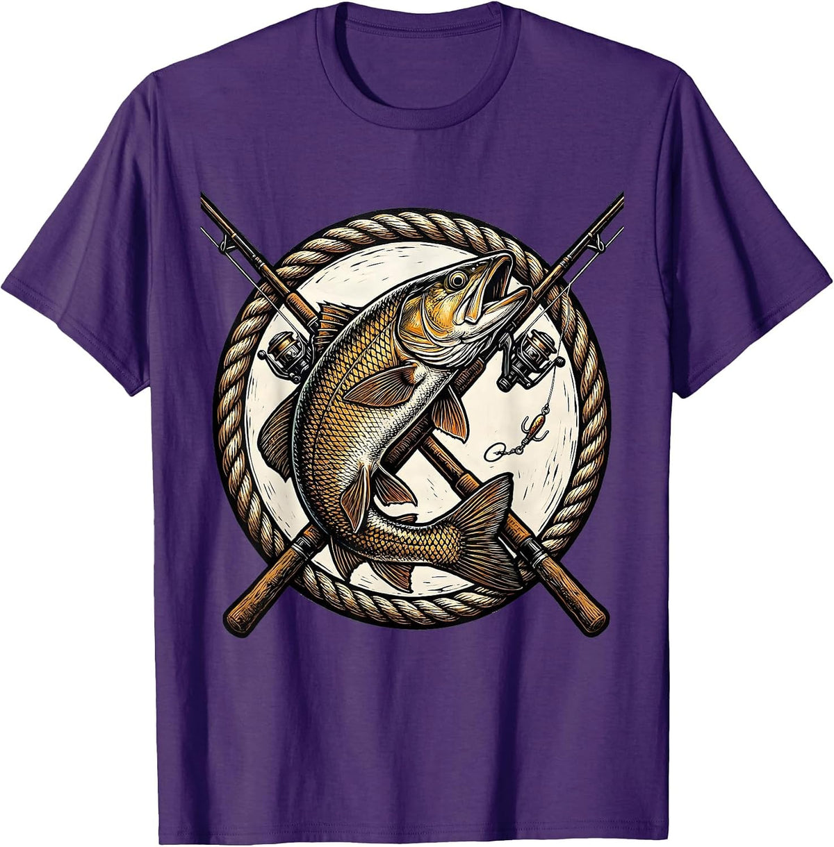 Crossed Fishing Rods Leaping Trout Badge Design T-Shirt - Purple