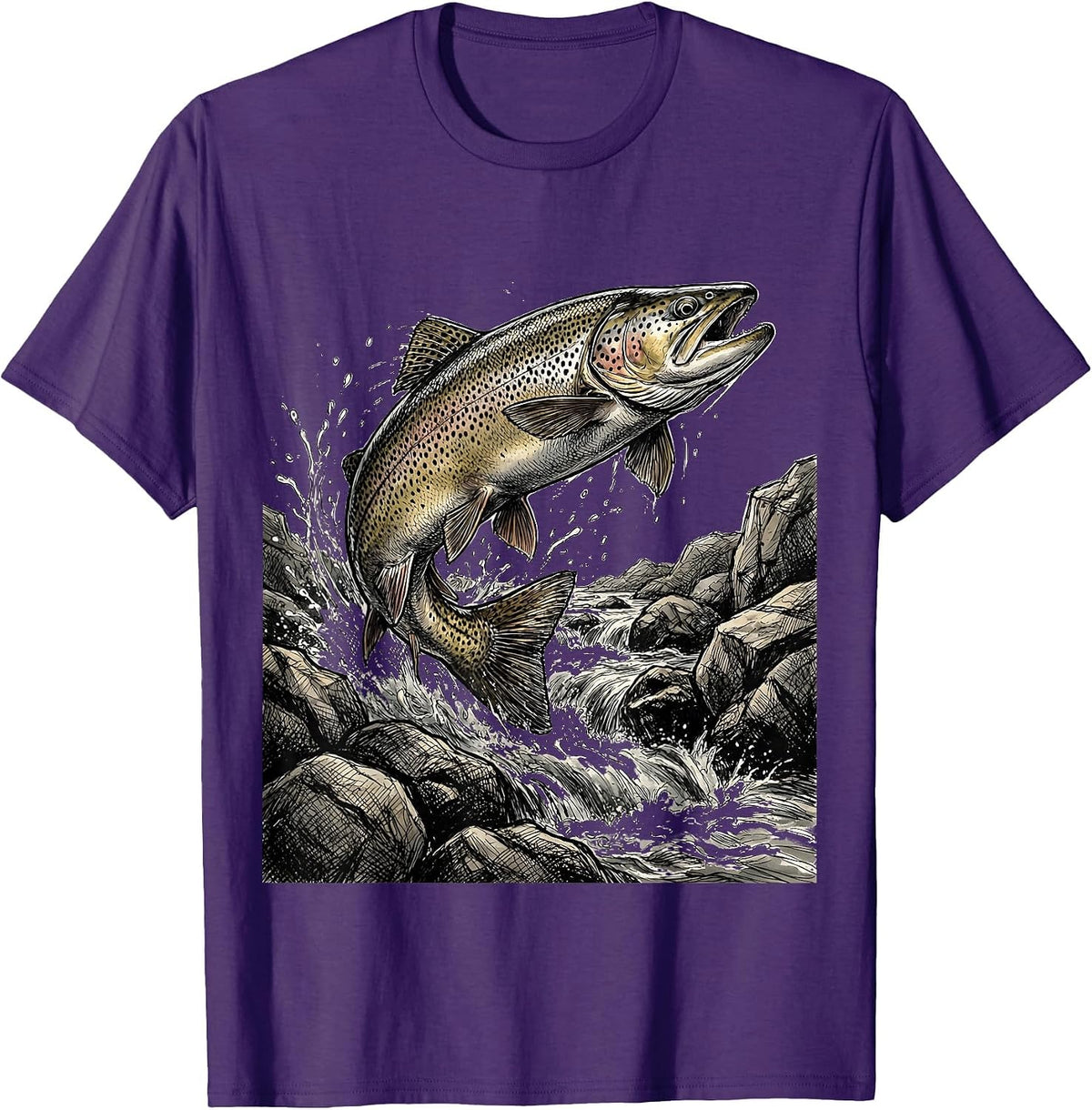 Trout Upstream Mountain Rapids Fishing Graphic T-Shirt - Purple