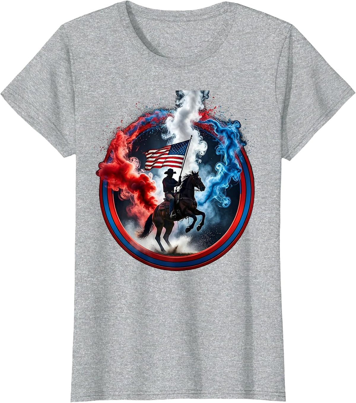 Patriotic Cowboy on Horseback Waving Flag T-Shirt - Heather Grey