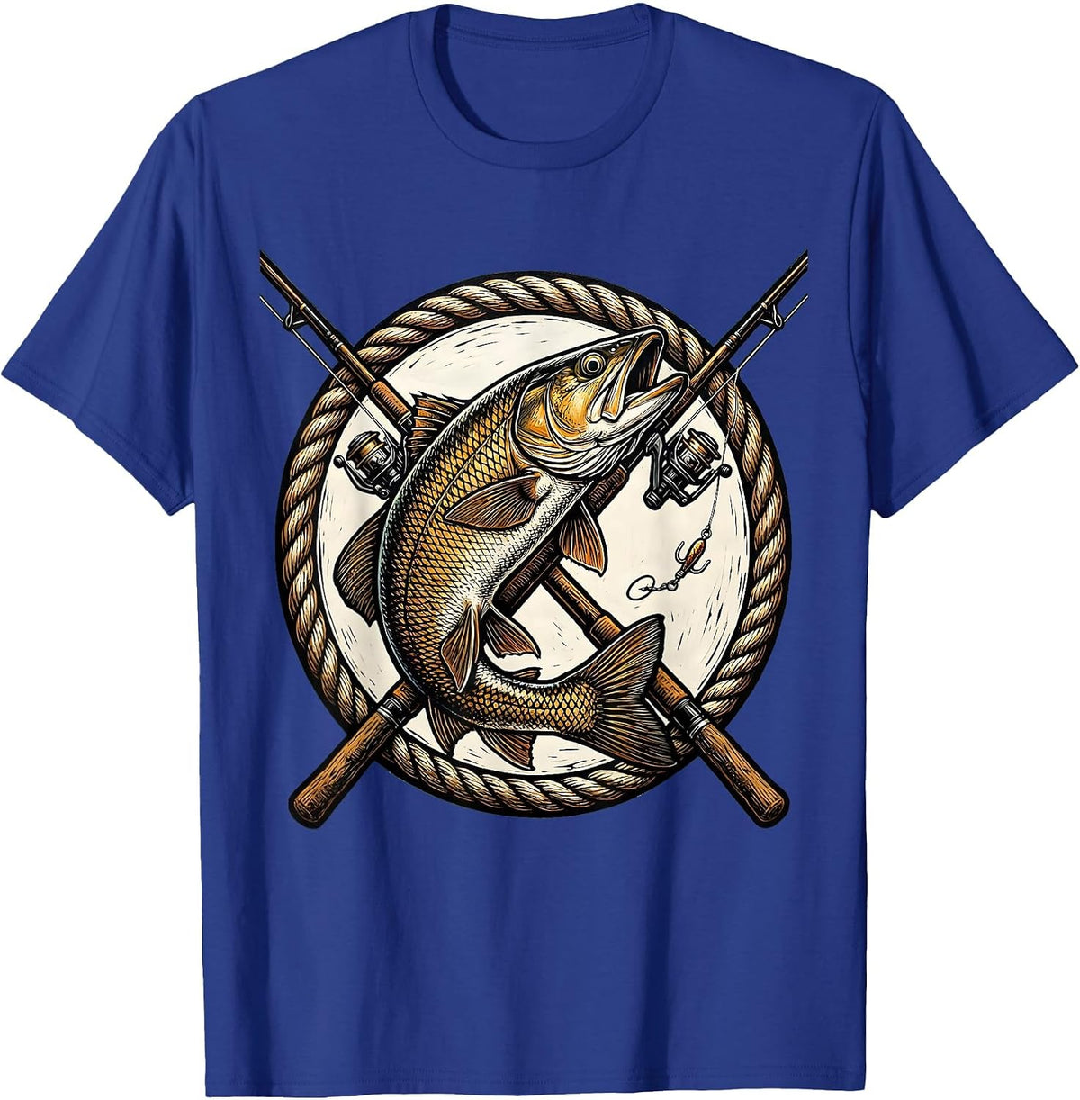Crossed Fishing Rods Leaping Trout Badge Design T-Shirt - Royal Blue