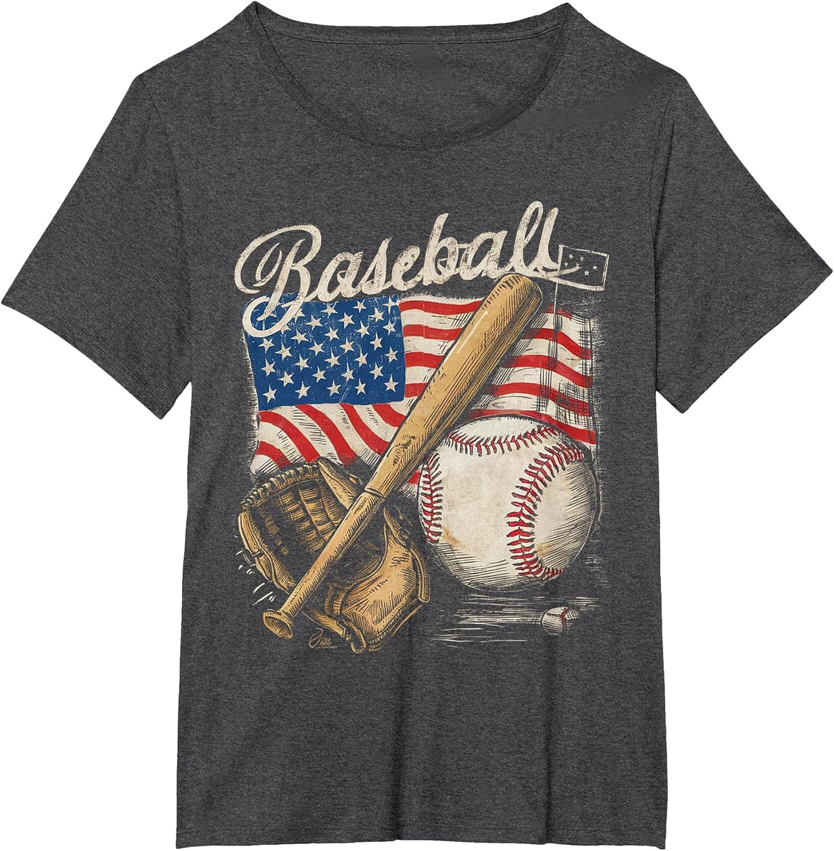 American Flag Baseball Player Bat Fan Catcher Pitcher USA T-Shirt - Dark Heather Grey