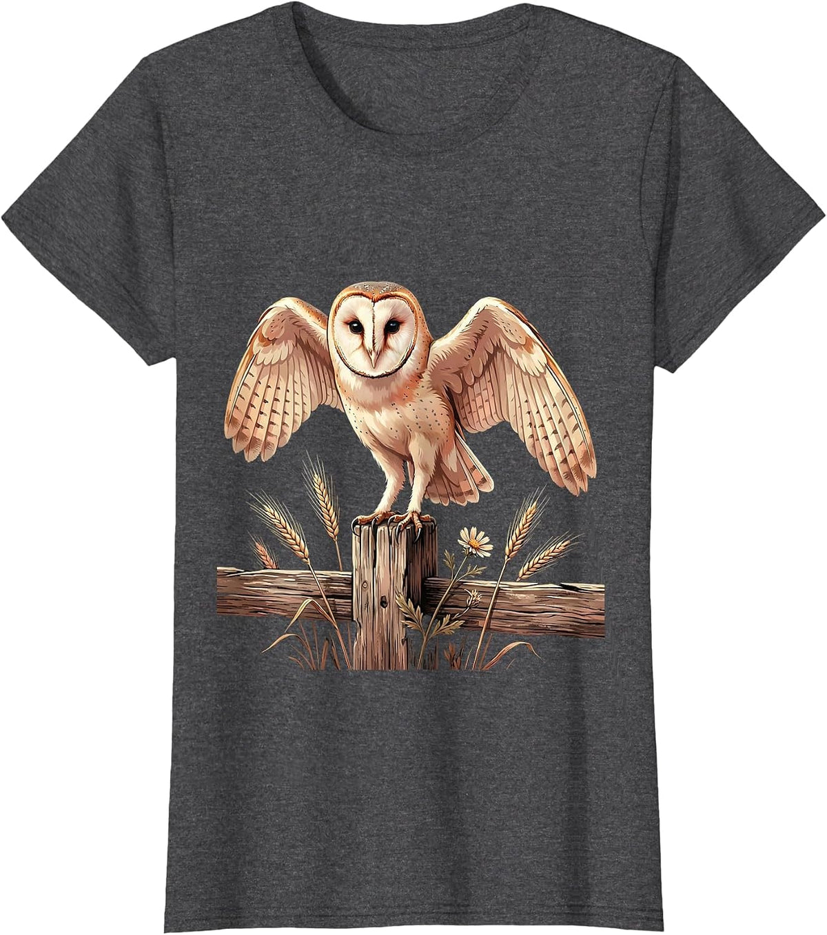 Women's Barn Owl Perched on Fence Post Illustration T-Shirt - Dark Heather Grey