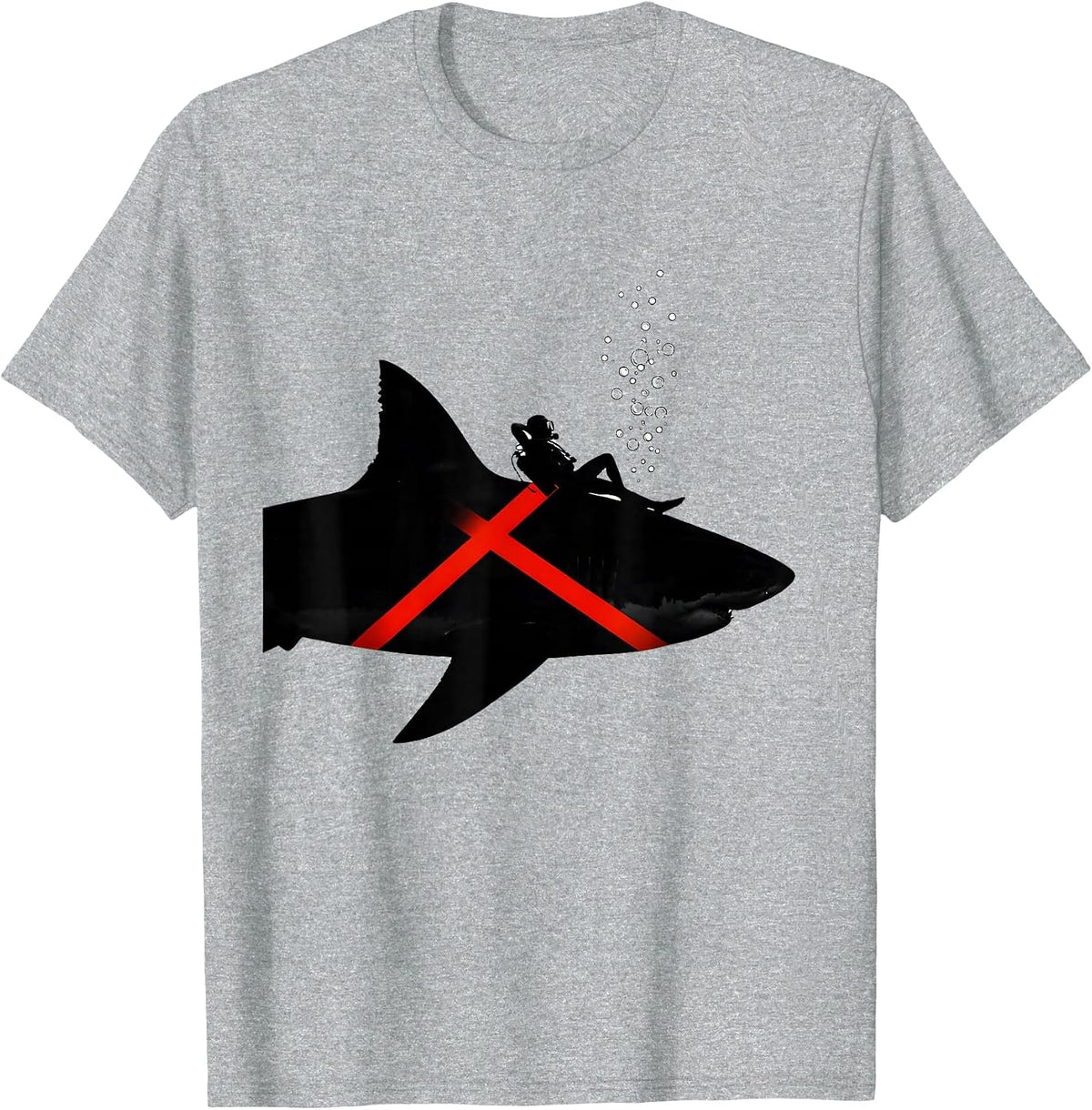 Men's Shark With Diver Silhouette Scuba Diving Humor T-Shirt - Heather Grey