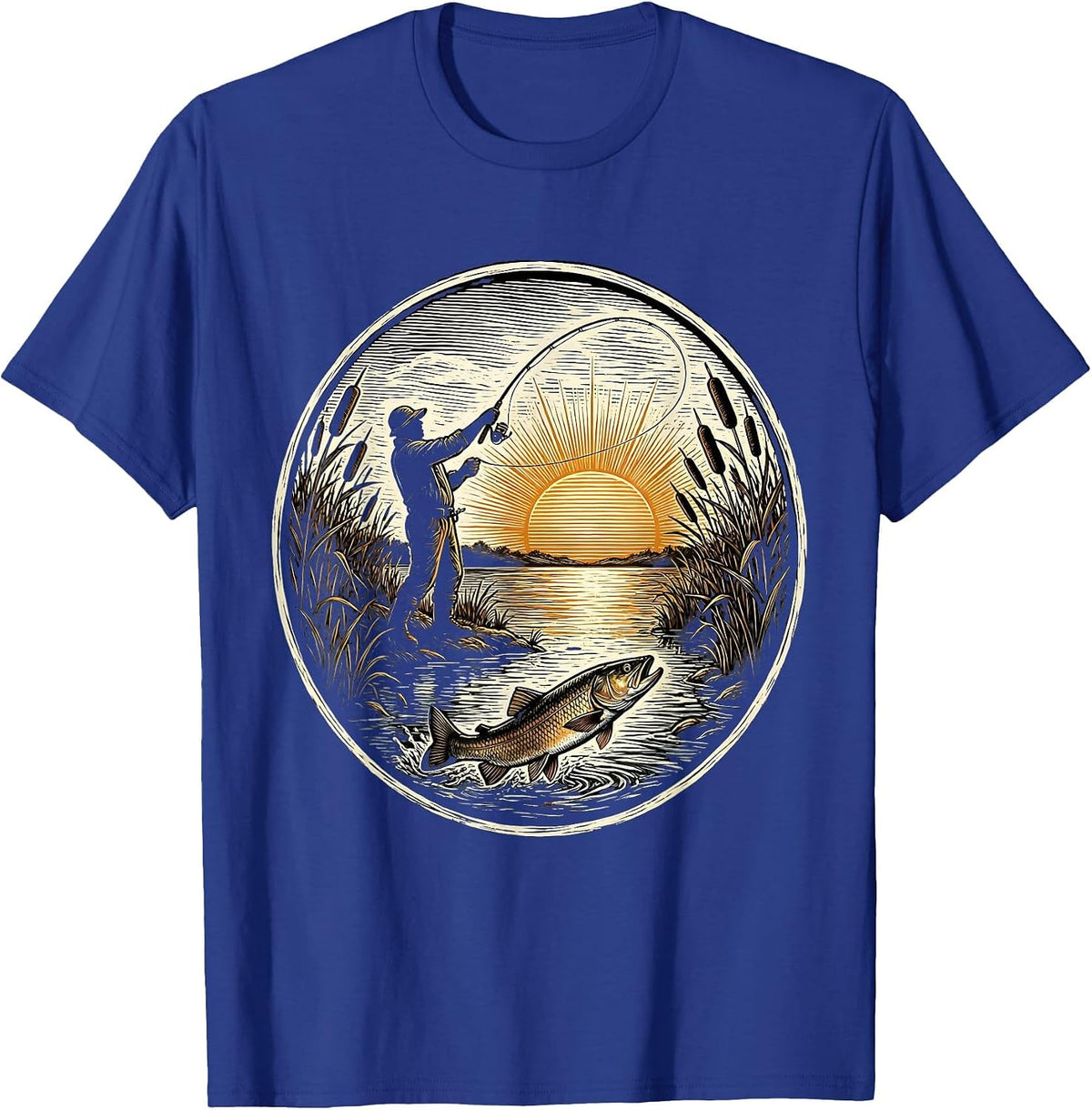 Fisherman Silhouette Casting at Dusk Trout Fishing T-Shirt - Royal Blue