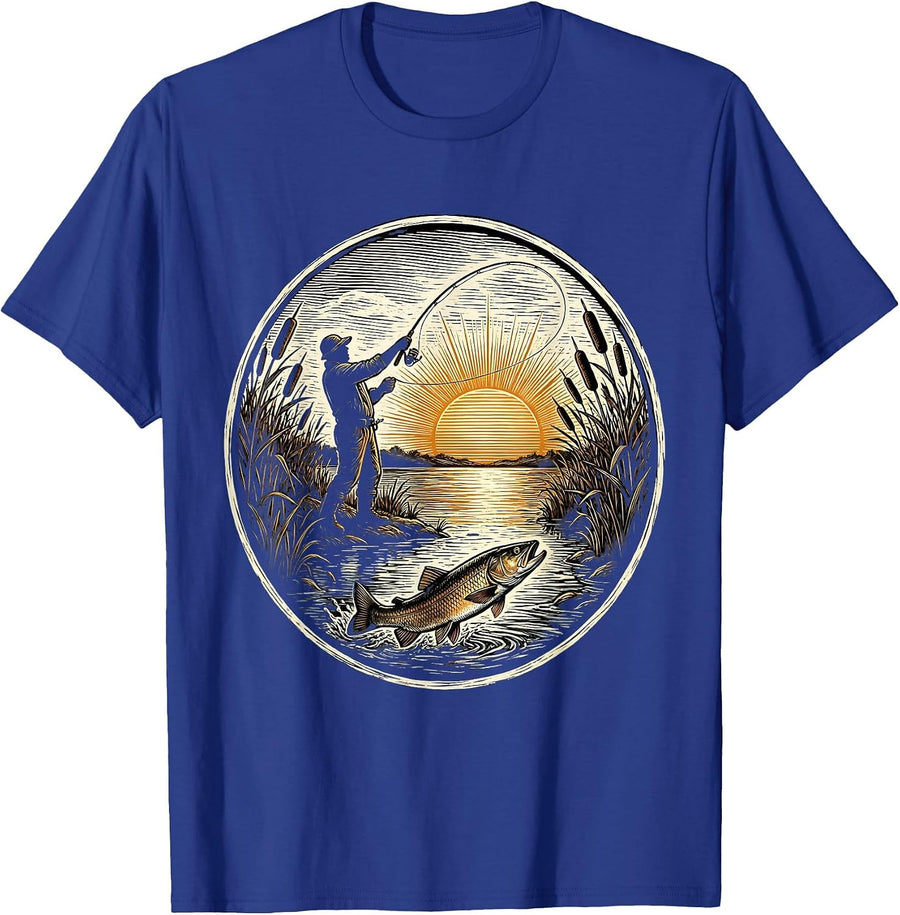 Fisherman Silhouette Casting at Dusk Trout Fishing T-Shirt - Royal Blue