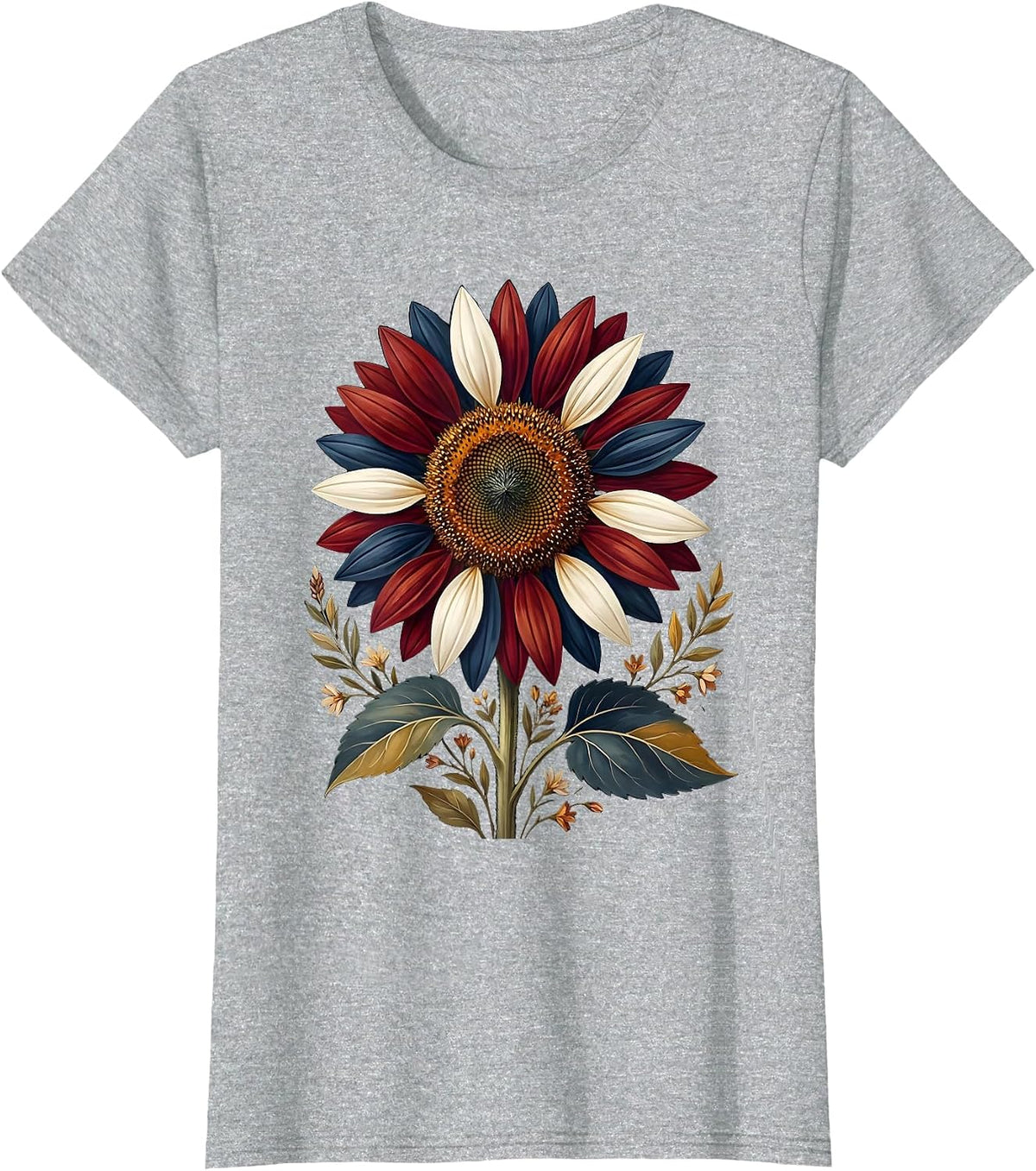 Women's Red White and Blue Sunflower Patriotic Design T-Shirt - Heather Grey