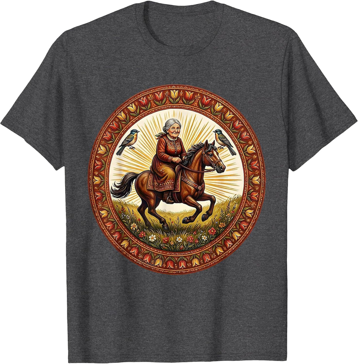 Grandma Riding Horse Through Open Meadow T-Shirt - Dark Heather Grey