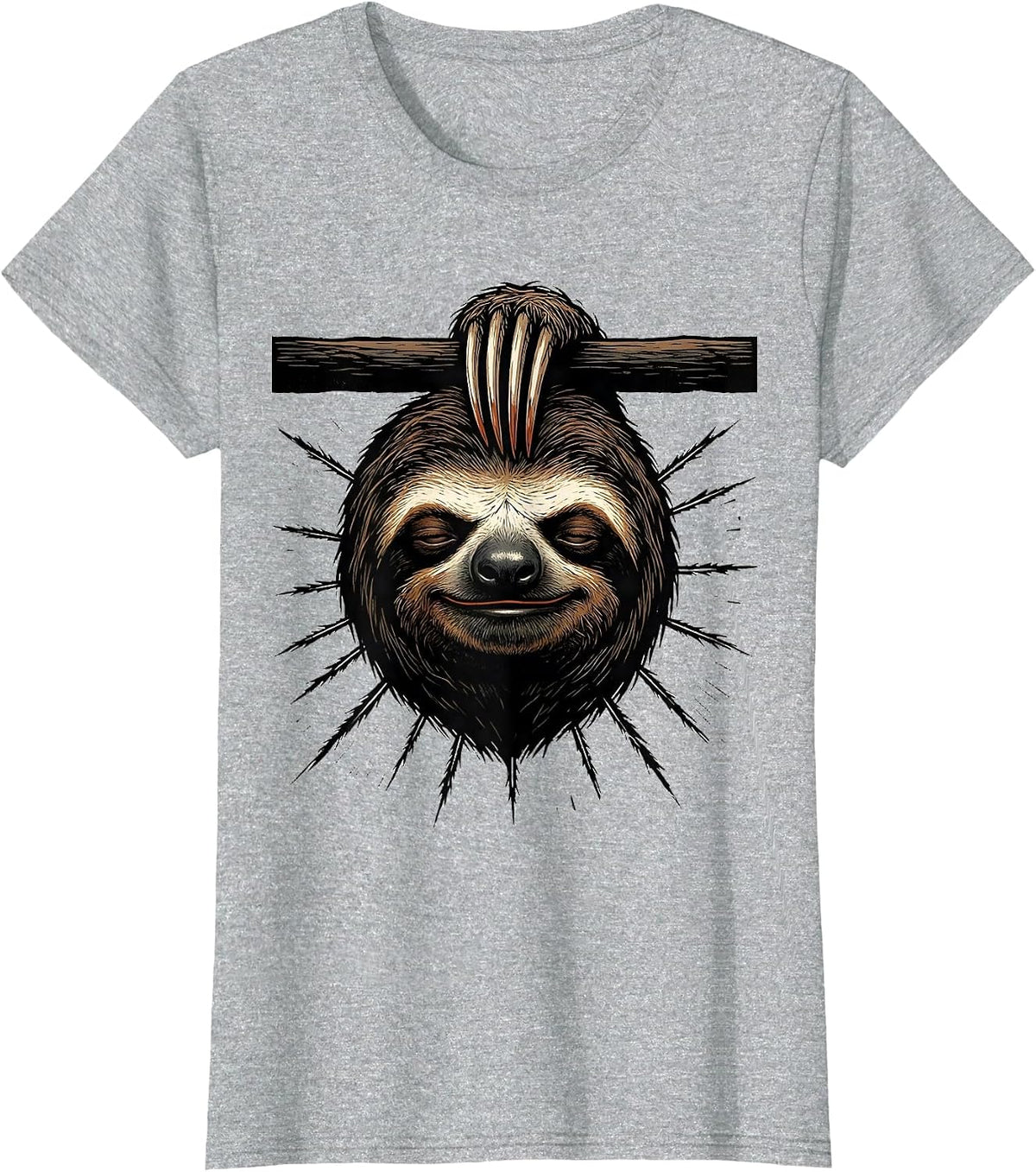 Women's Oversized Sloth Linocut Funny Animal Lover Humor T-Shirt - Heather Grey